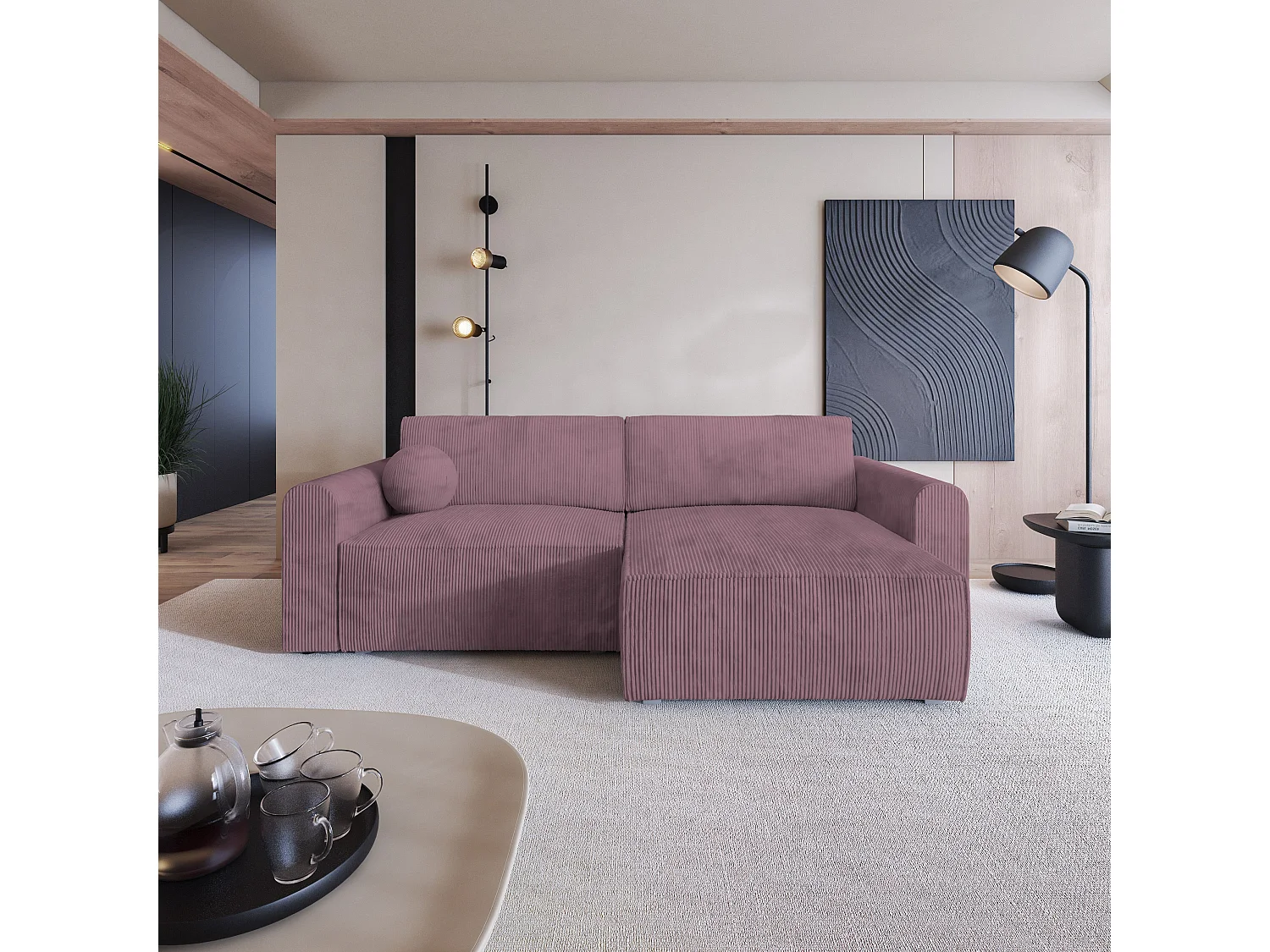 Canapé d'angle FIANO Parme en velours côtelé avec fonction de couchage