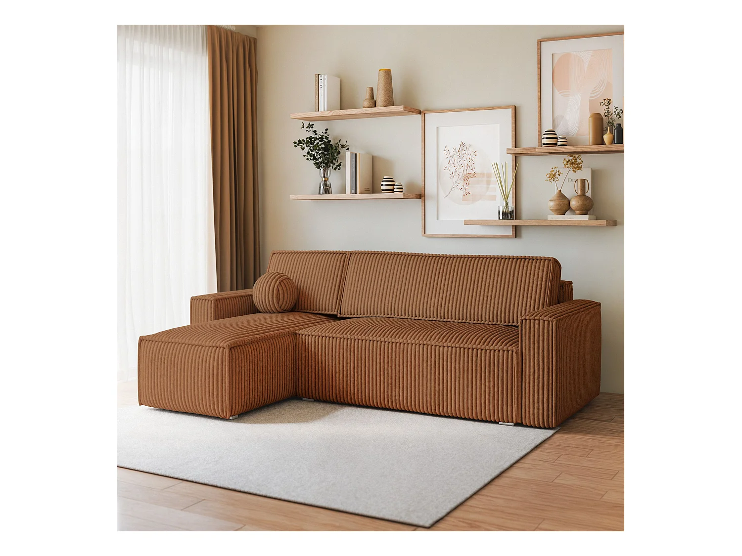 Canapé d'angle RAVELO Cuivré en velours côtelé avec fonction de couchage