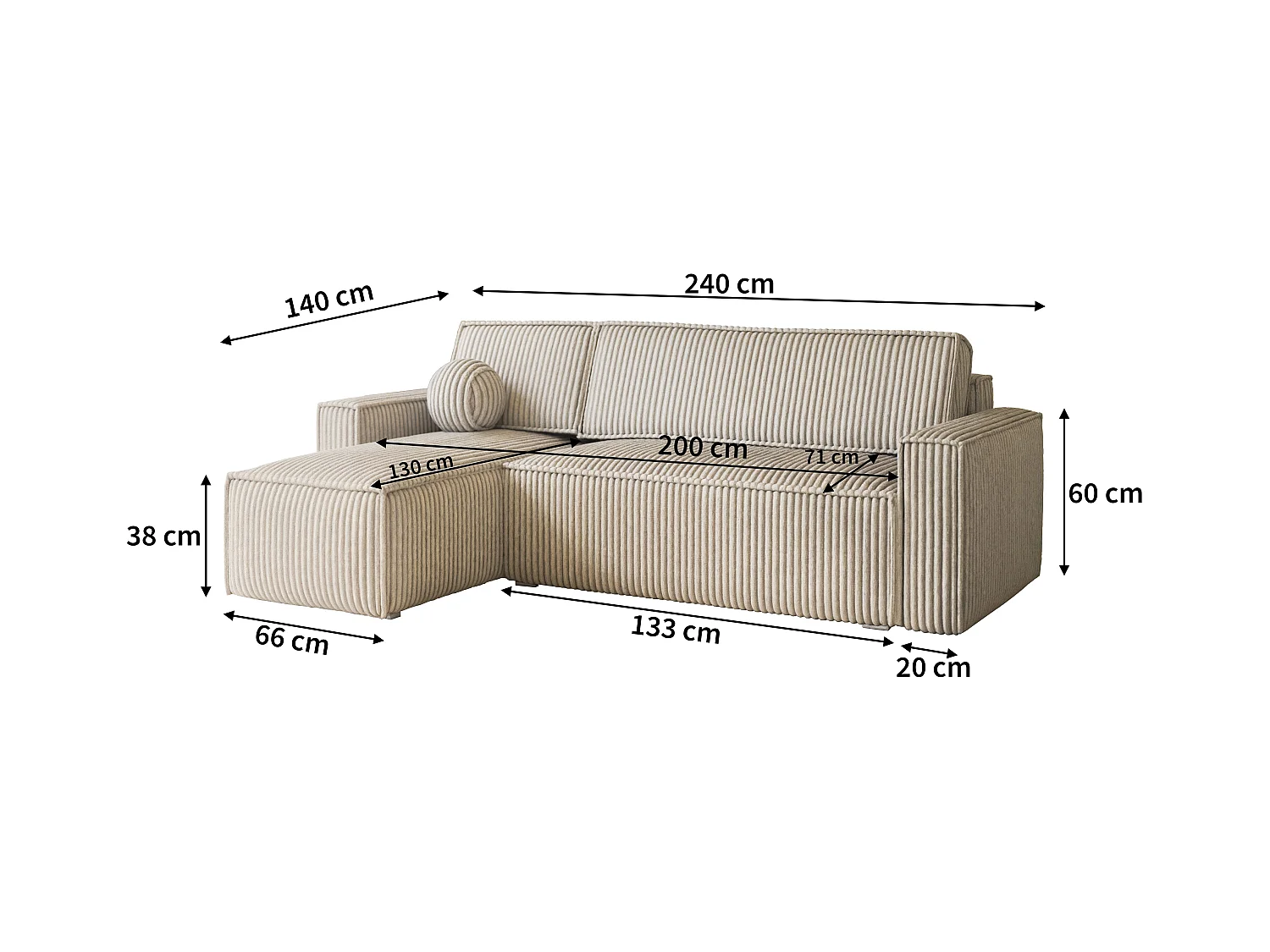 Canapé d'angle RAVELO Cuivré en velours côtelé avec fonction de couchage