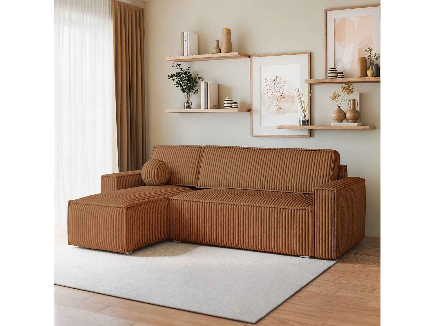 Canapé d'angle RAVELO Cuivré en velours côtelé avec fonction de couchage