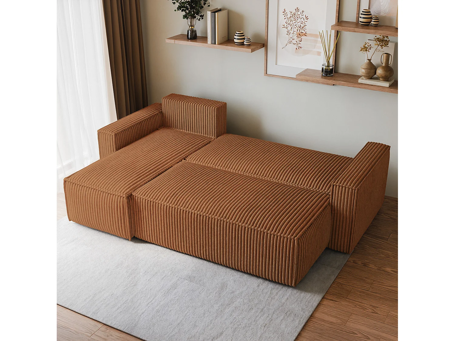 Canapé d'angle RAVELO Cuivré en velours côtelé avec fonction de couchage