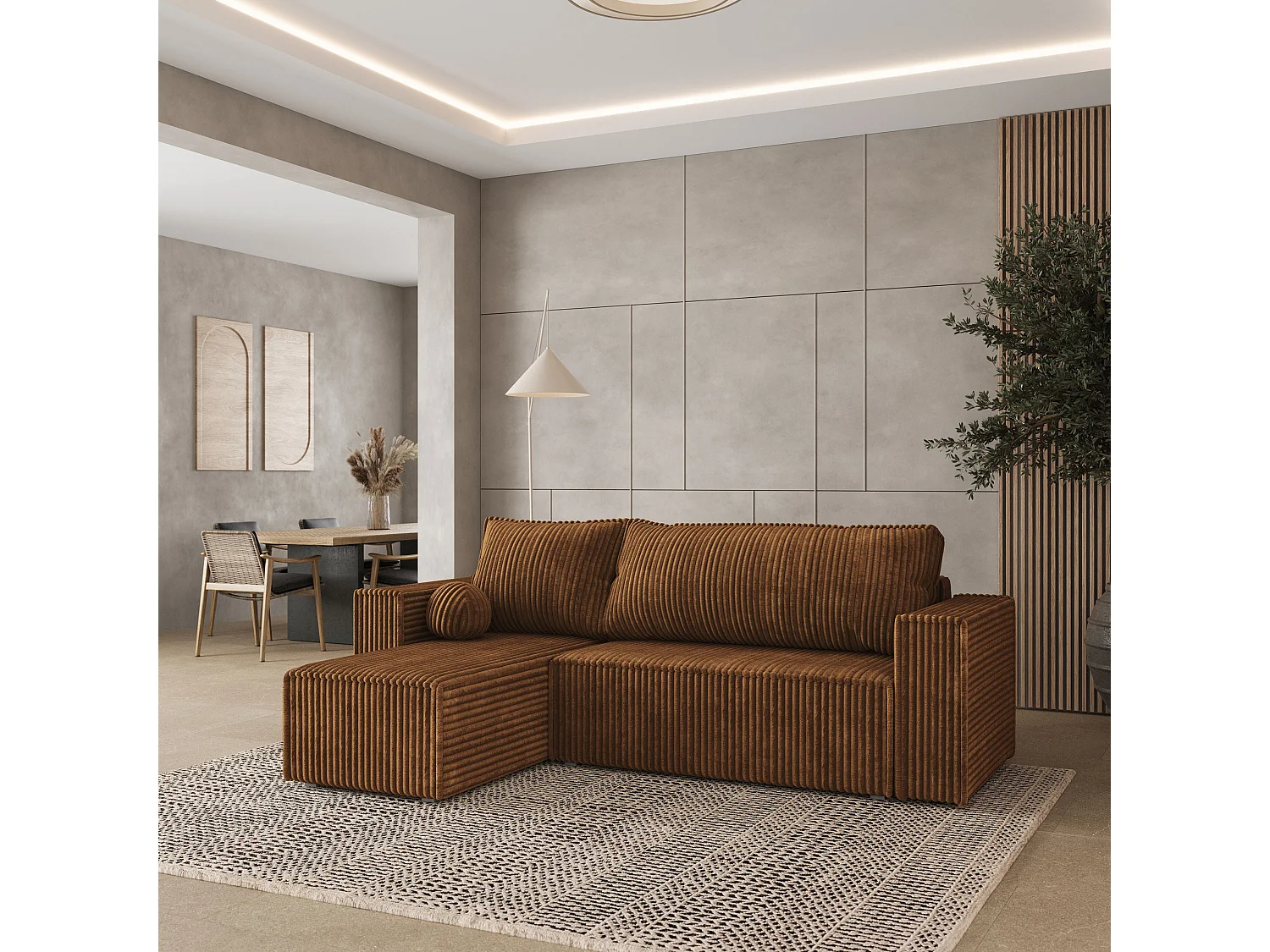 Canapé d'angle RAVELO Cuivré en velours côtelé avec fonction de couchage