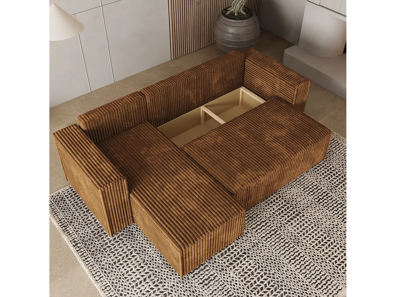 Canapé d'angle RAVELO Cuivré en velours côtelé avec fonction de couchage