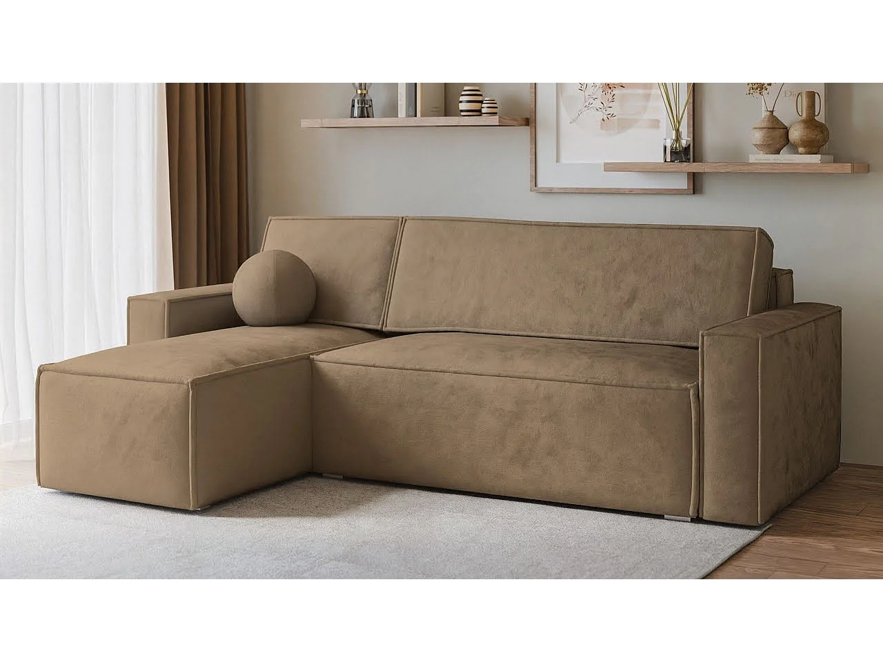 Canapé d'angle RAVELO Cuivré en velours côtelé avec fonction de couchage