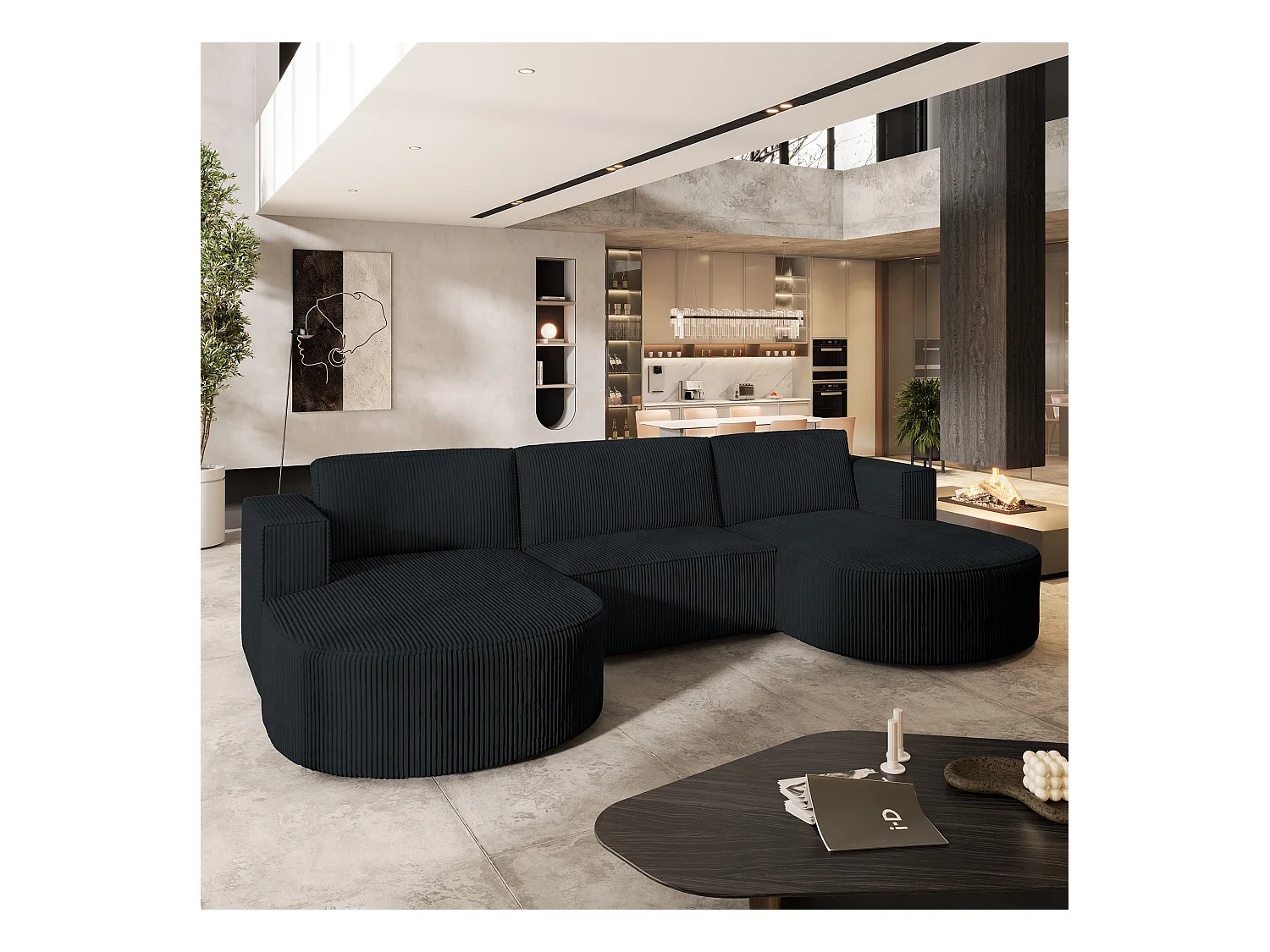 Canapé d'angle VEZZO Noir en velours côtelé avec fonction de couchage