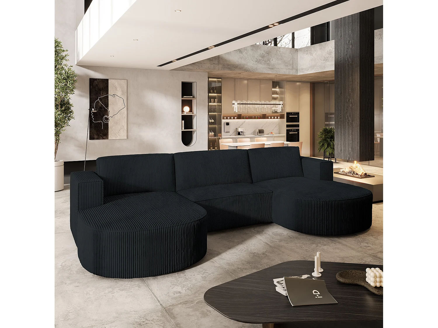 Canapé d'angle VEZZO Noir en velours côtelé avec fonction de couchage