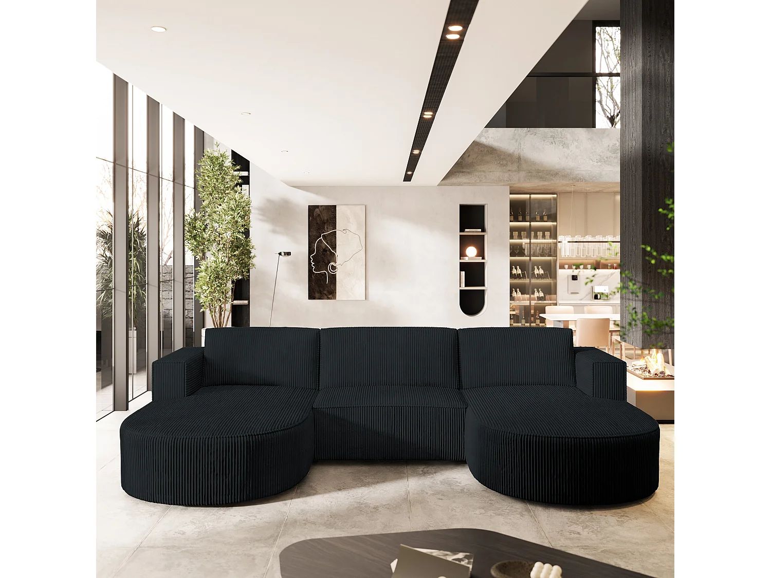 Canapé d'angle VEZZO Noir en velours côtelé avec fonction de couchage