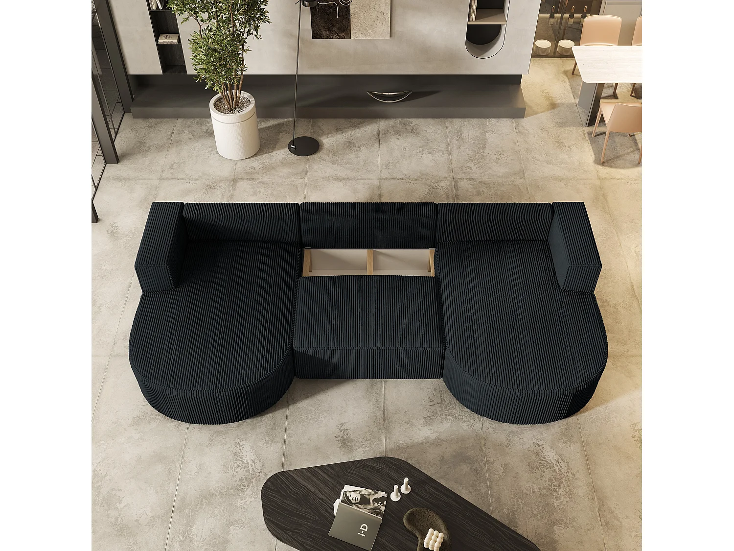 Canapé d'angle VEZZO Noir en velours côtelé avec fonction de couchage