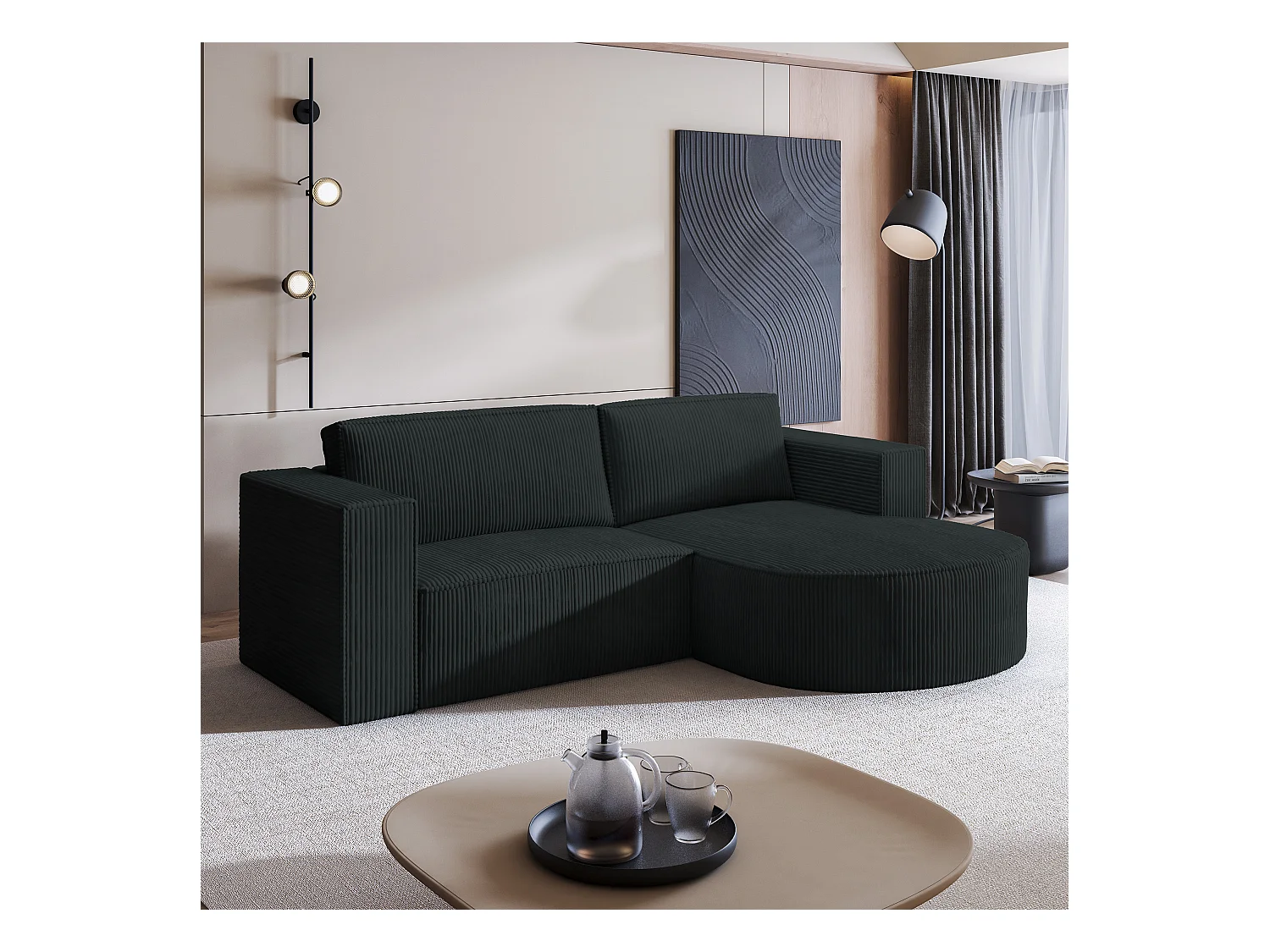 Canapé d'angle SORELA Noir en velours côtelé avec fonction de couchage