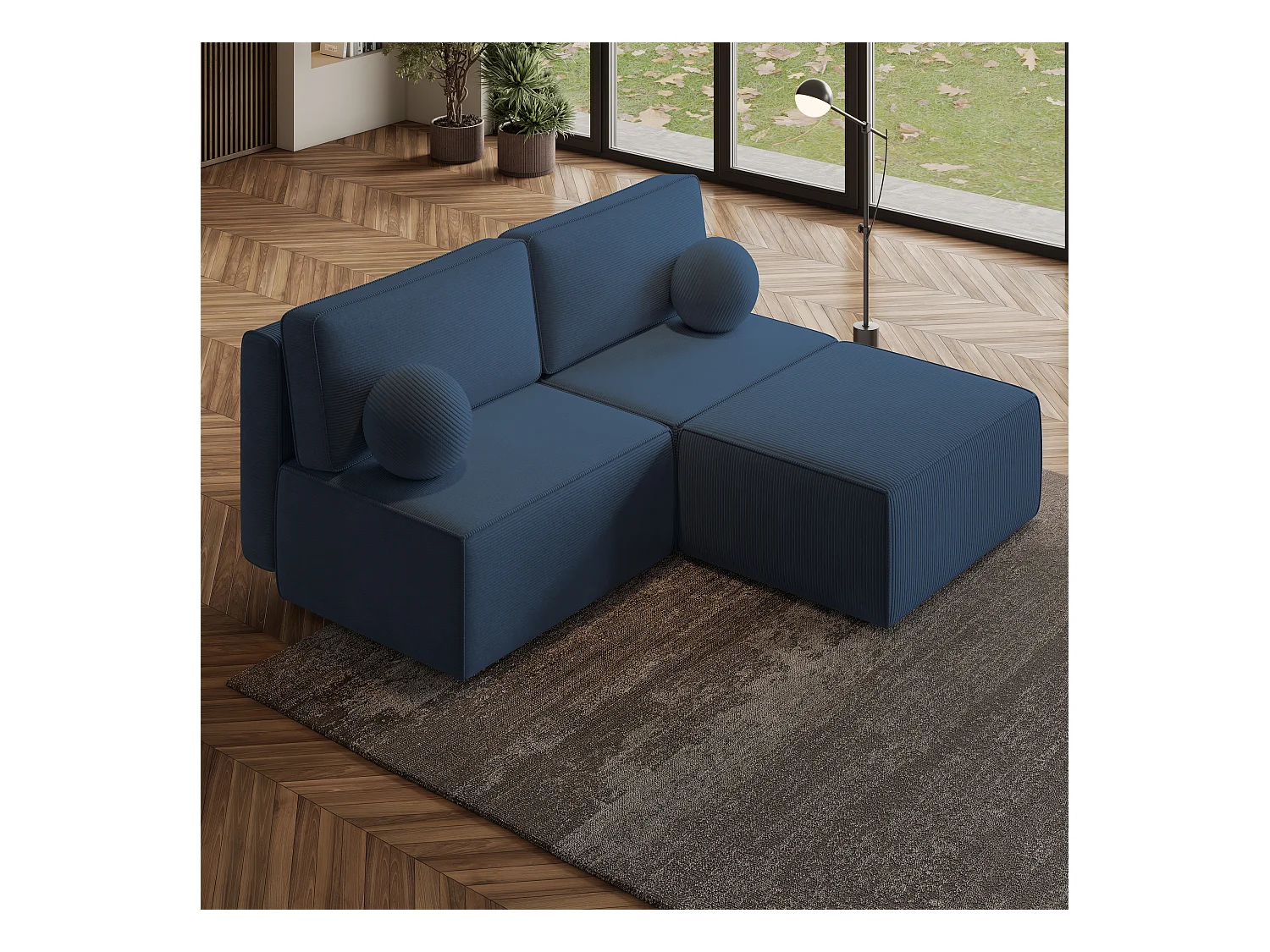 Canapé d'angle VARNA Bleu en velours côtelé avec fonction de couchage