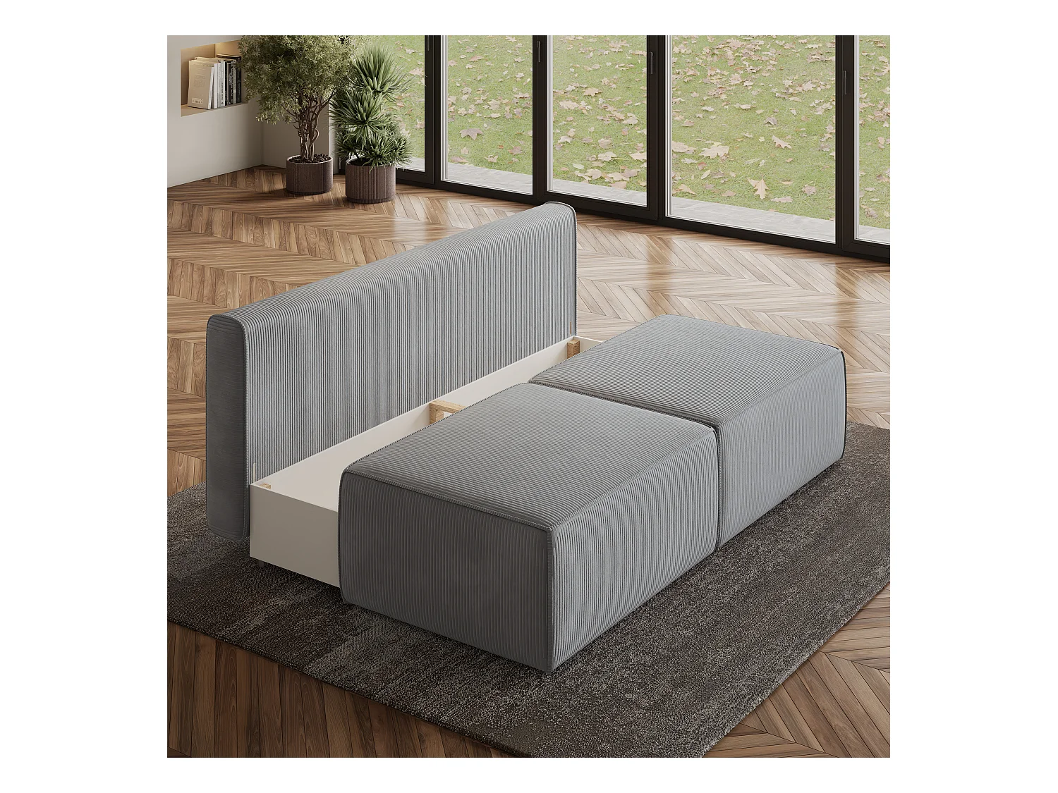 Canapé d'angle VARNA Bleu en velours côtelé avec fonction de couchage