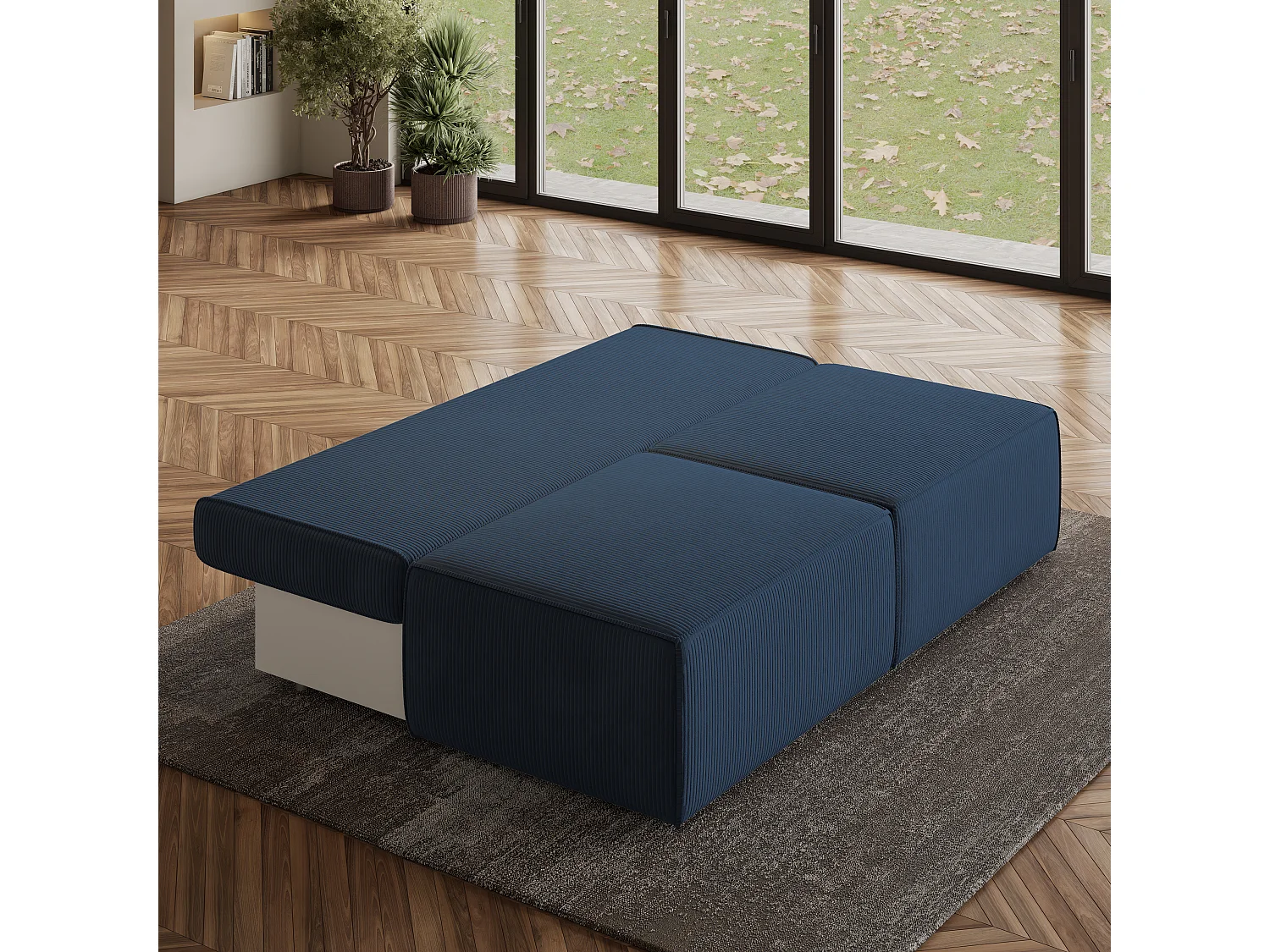 Canapé d'angle VARNA Bleu en velours côtelé avec fonction de couchage