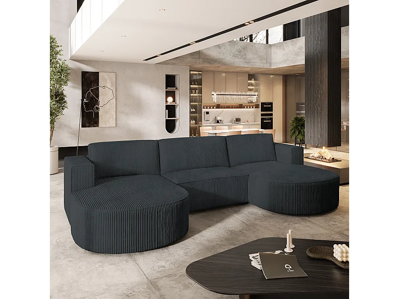 Canapé d'angle VEZZO Gris anthracite en velours côtelé avec fonction de couchage