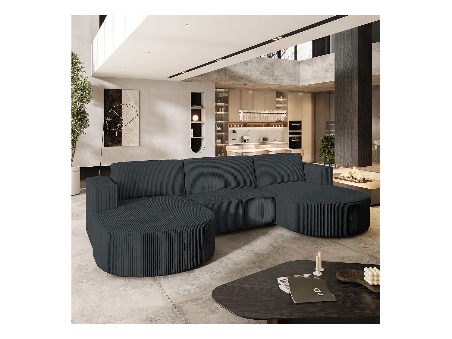 Canapé d'angle VEZZO Gris anthracite en velours côtelé avec fonction de couchage