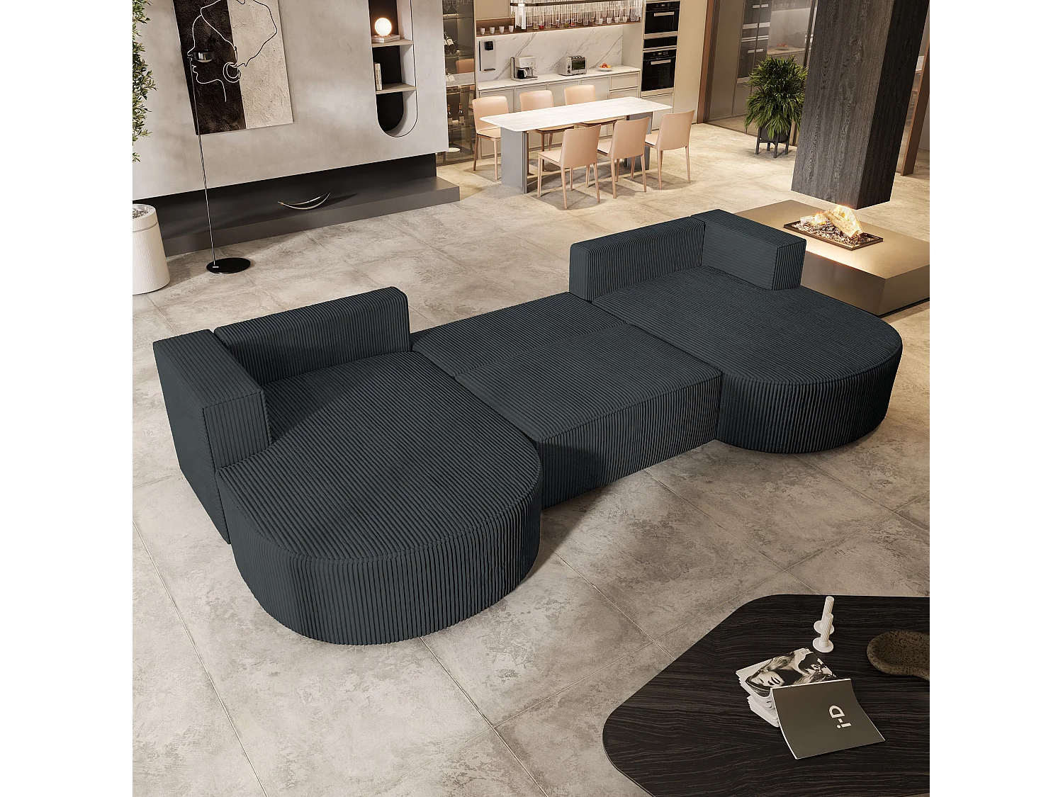 Canapé d'angle VEZZO Gris anthracite en velours côtelé avec fonction de couchage