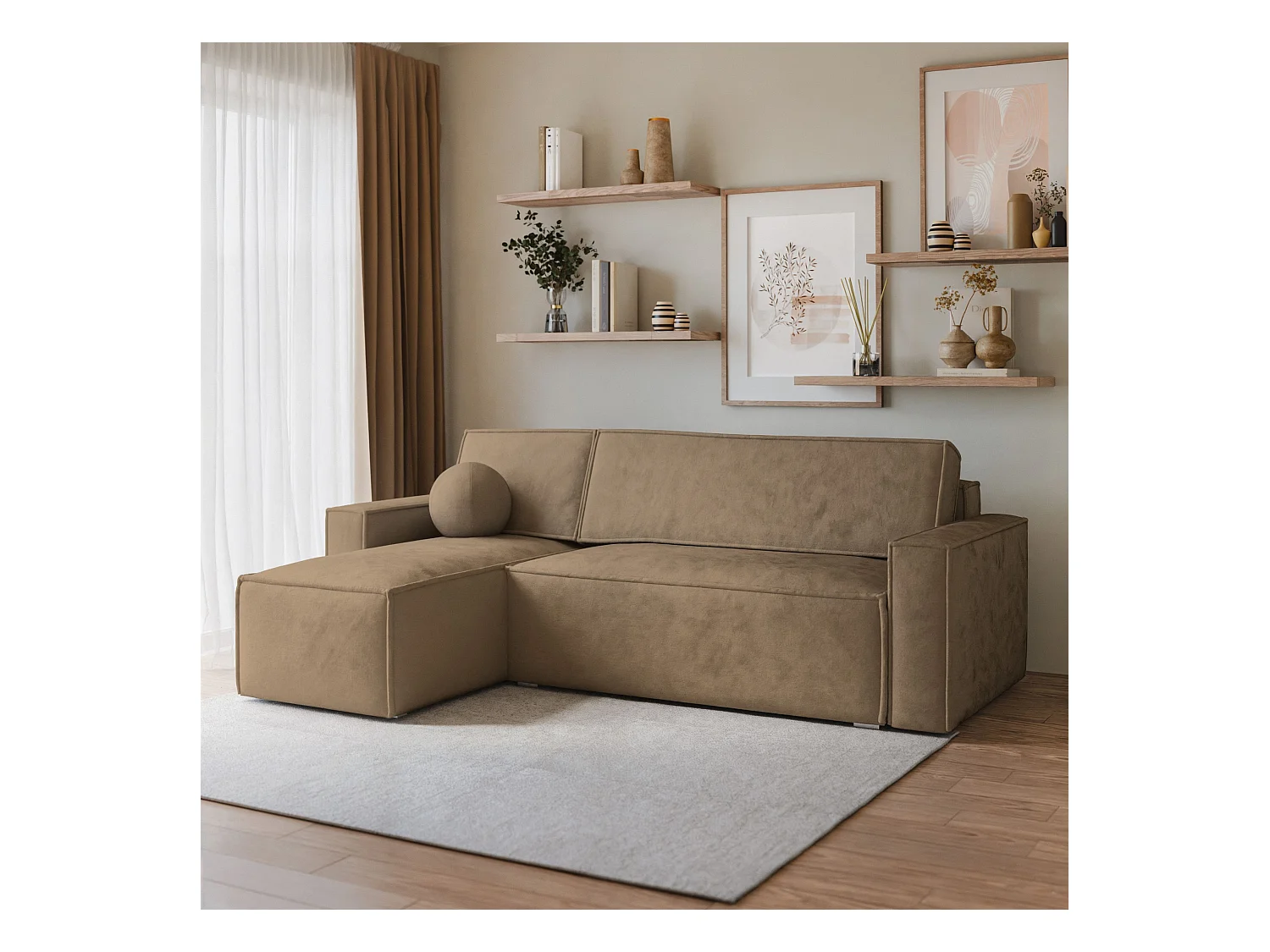 Canapé d'angle RAVELO Beige en velours avec fonction de couchage