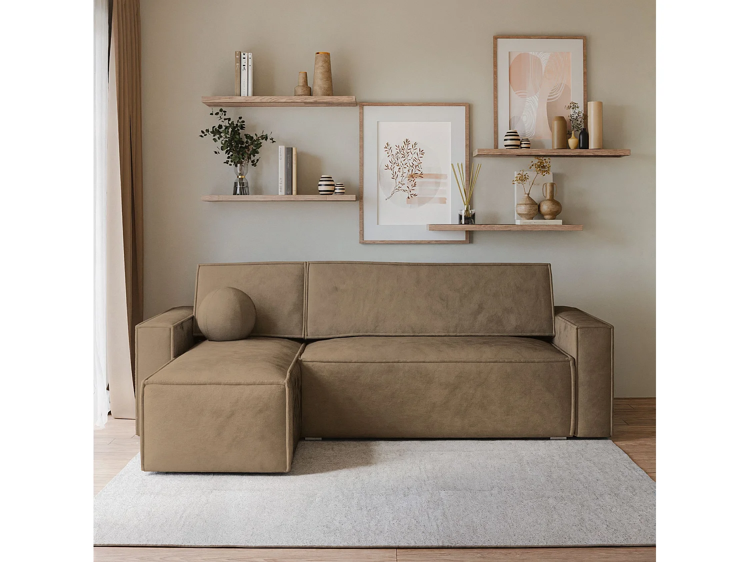 Canapé d'angle RAVELO Beige en velours avec fonction de couchage