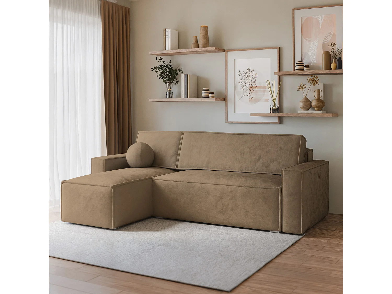 Canapé d'angle RAVELO Beige en velours avec fonction de couchage