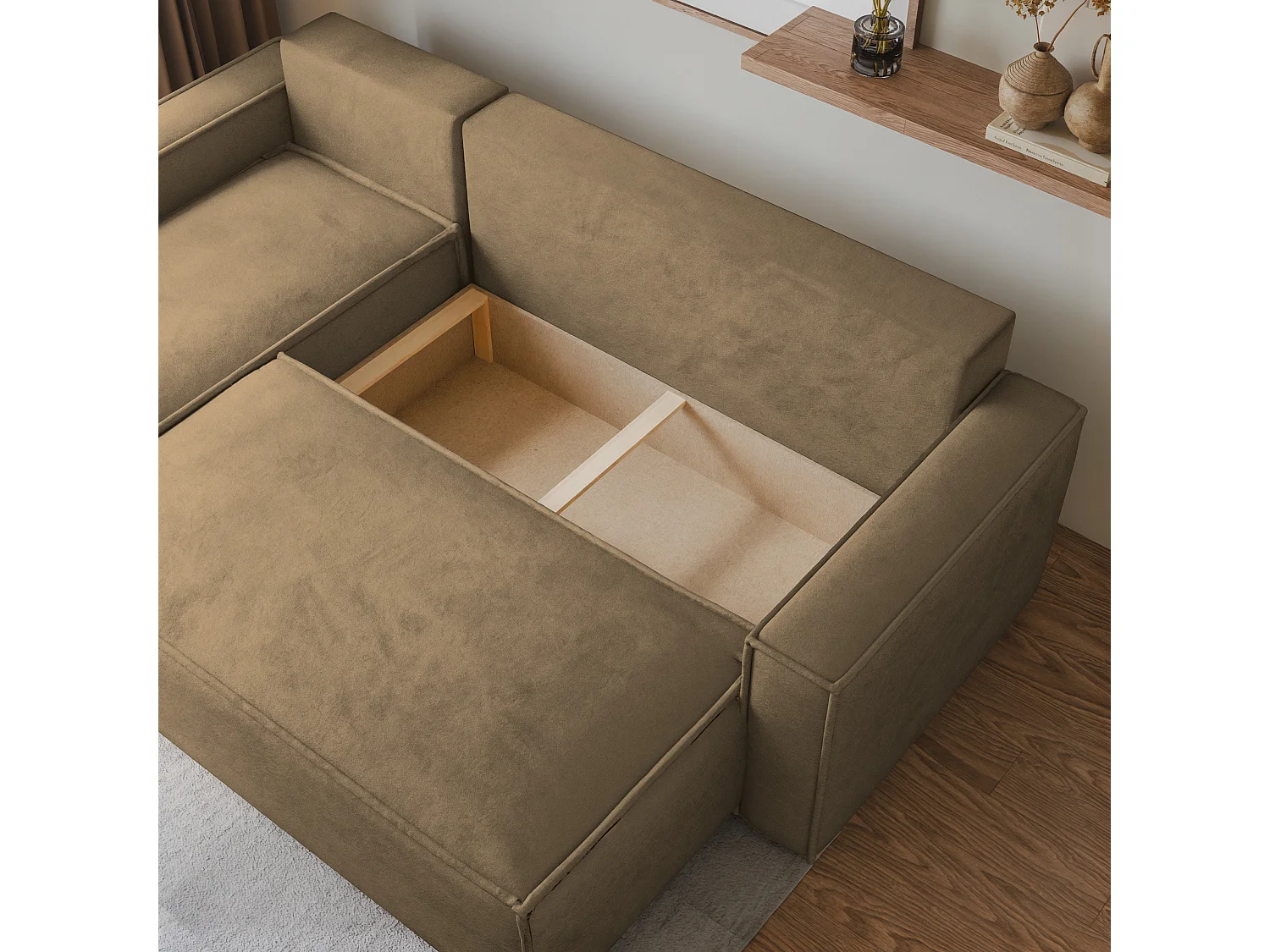 Canapé d'angle RAVELO Beige en velours avec fonction de couchage