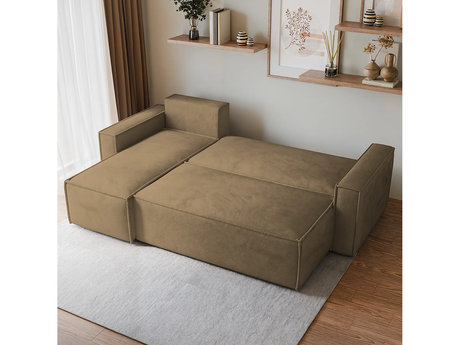 Canapé d'angle RAVELO Beige en velours avec fonction de couchage