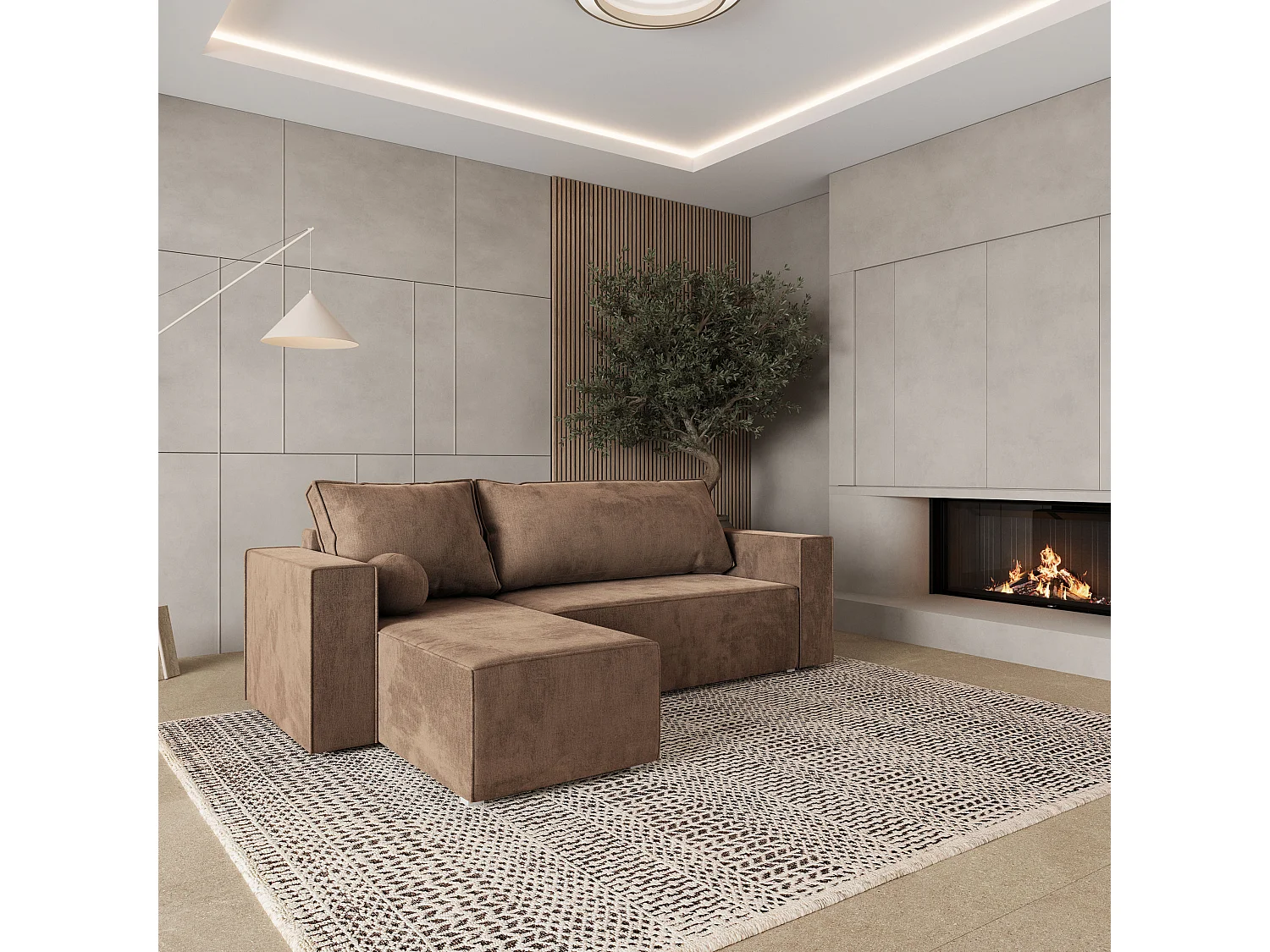 Canapé d'angle RAVELO Beige en velours avec fonction de couchage