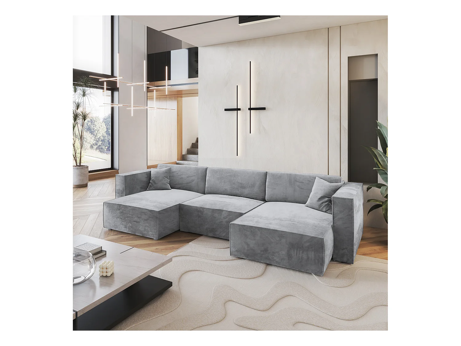 Canapé d'angle SARMO Gris clair en velours avec fonction de couchage