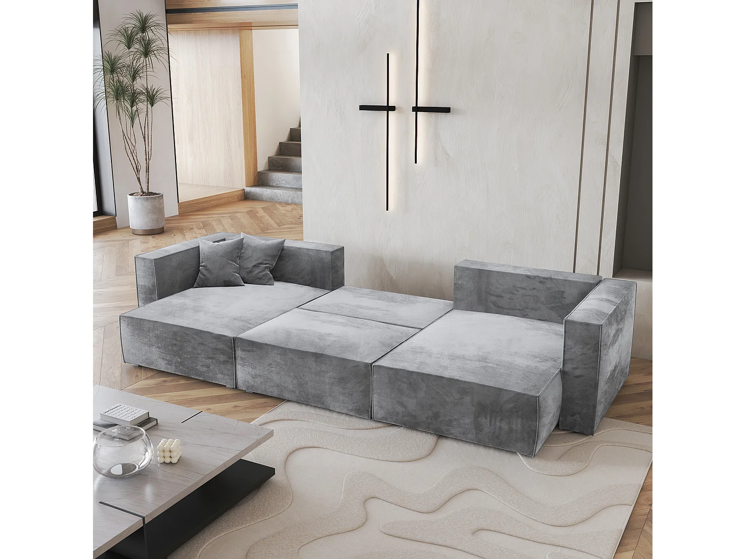 Canapé d'angle SARMO Gris clair en velours avec fonction de couchage