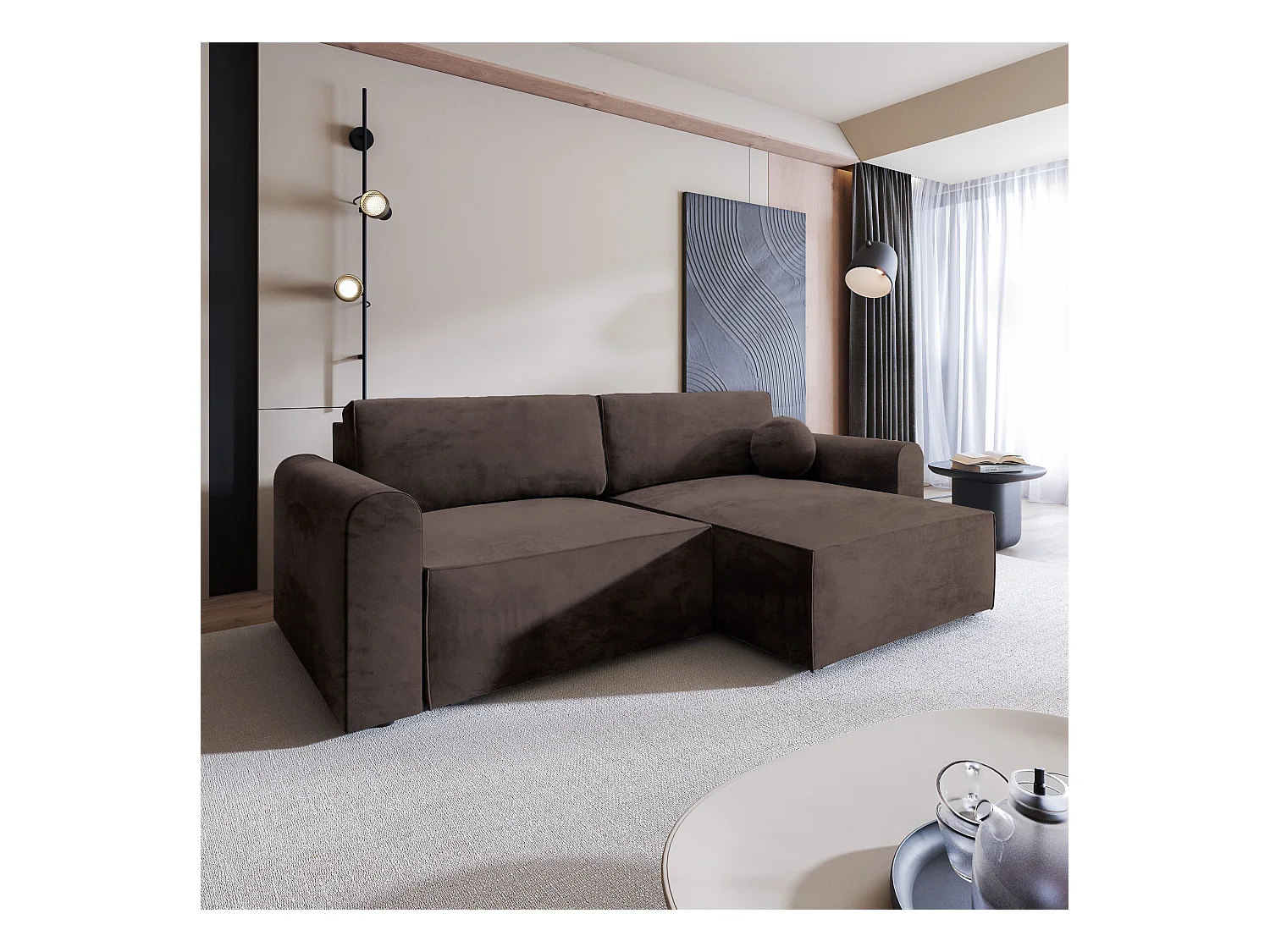 Canapé d'angle FIANO Marron en velours avec fonction de couchage