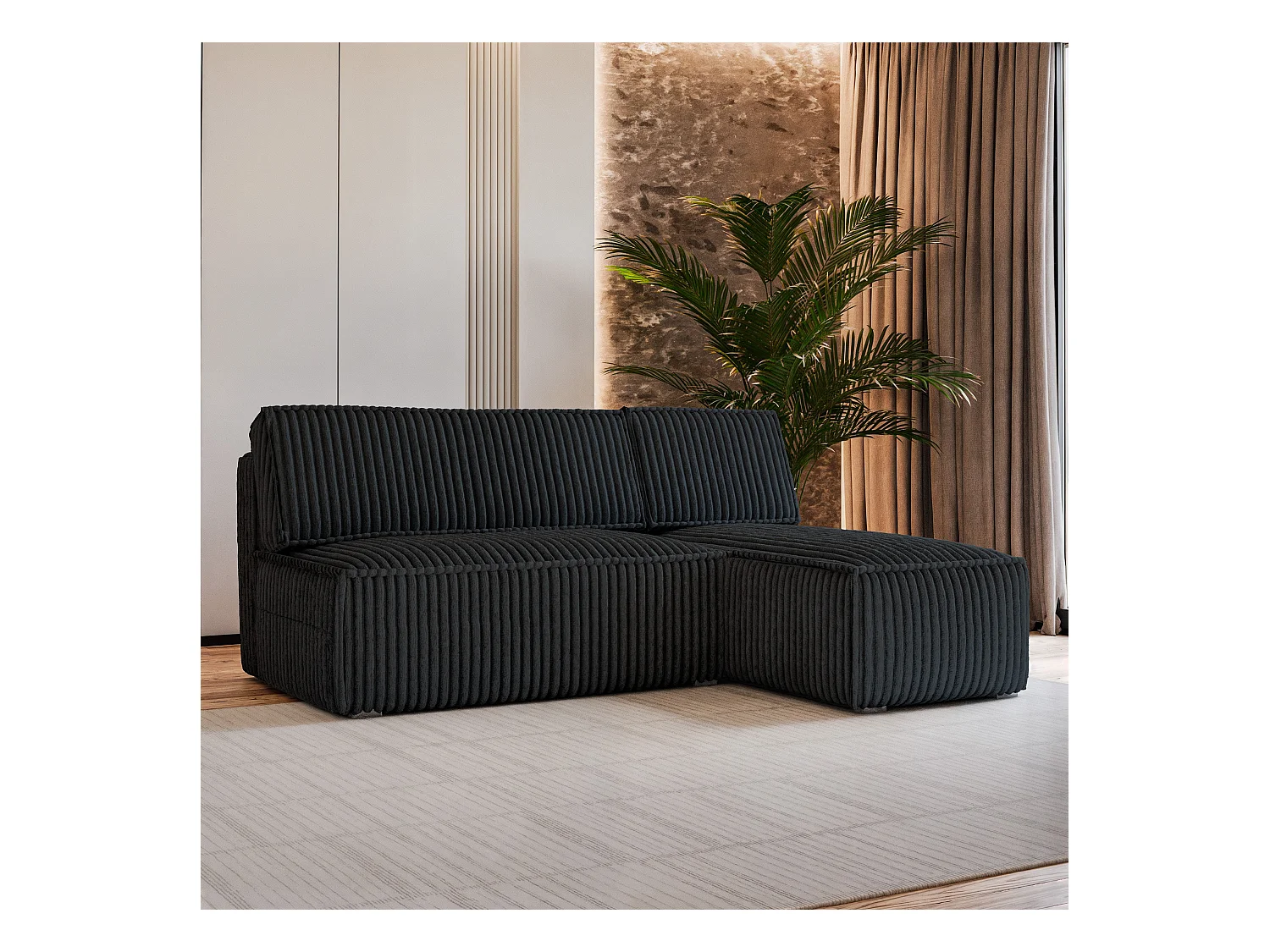 Canapé d'angle BRISO Noir en velours côtelé avec fonction de couchage