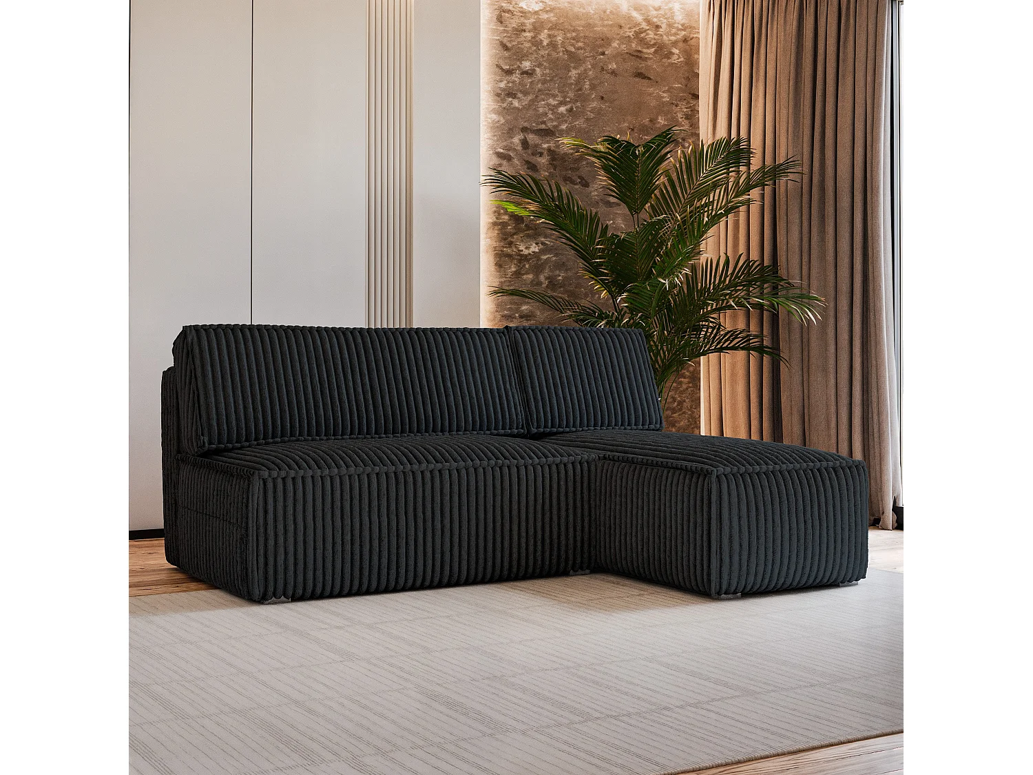 Canapé d'angle BRISO Noir en velours côtelé avec fonction de couchage