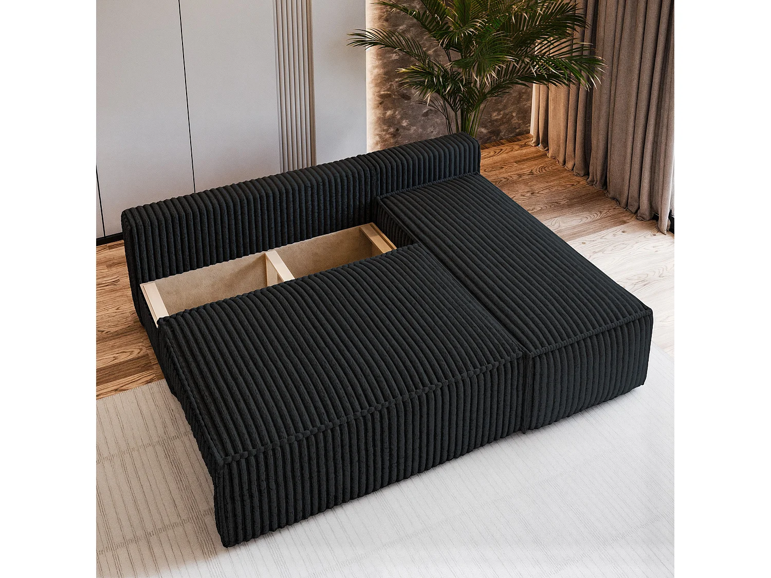 Canapé d'angle BRISO Noir en velours côtelé avec fonction de couchage