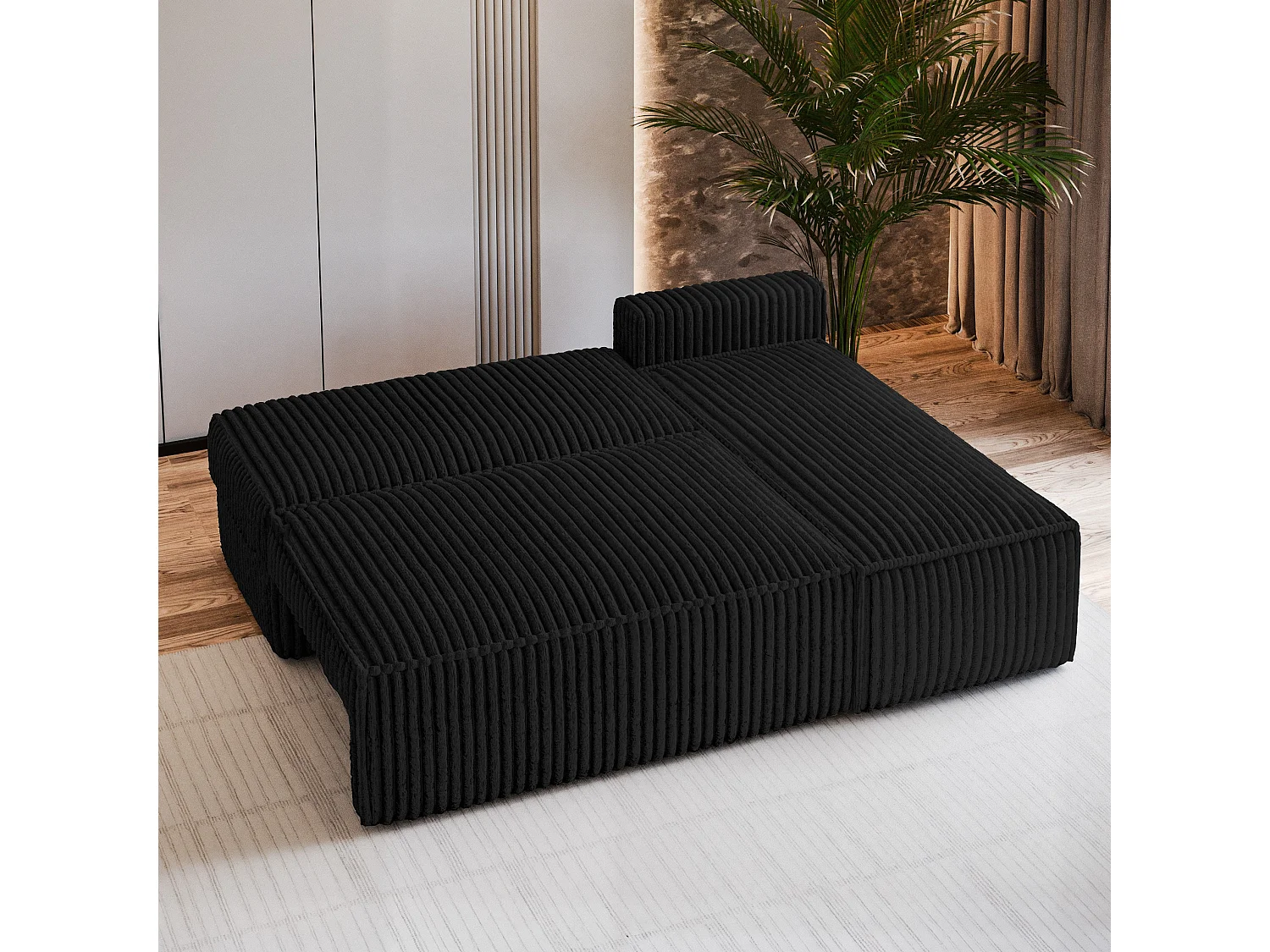 Canapé d'angle BRISO Noir en velours côtelé avec fonction de couchage