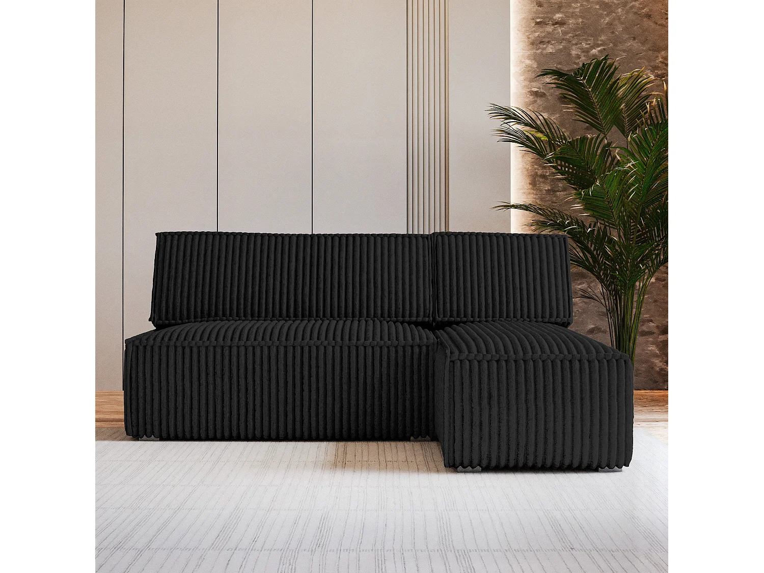 Canapé d'angle BRISO Noir en velours côtelé avec fonction de couchage