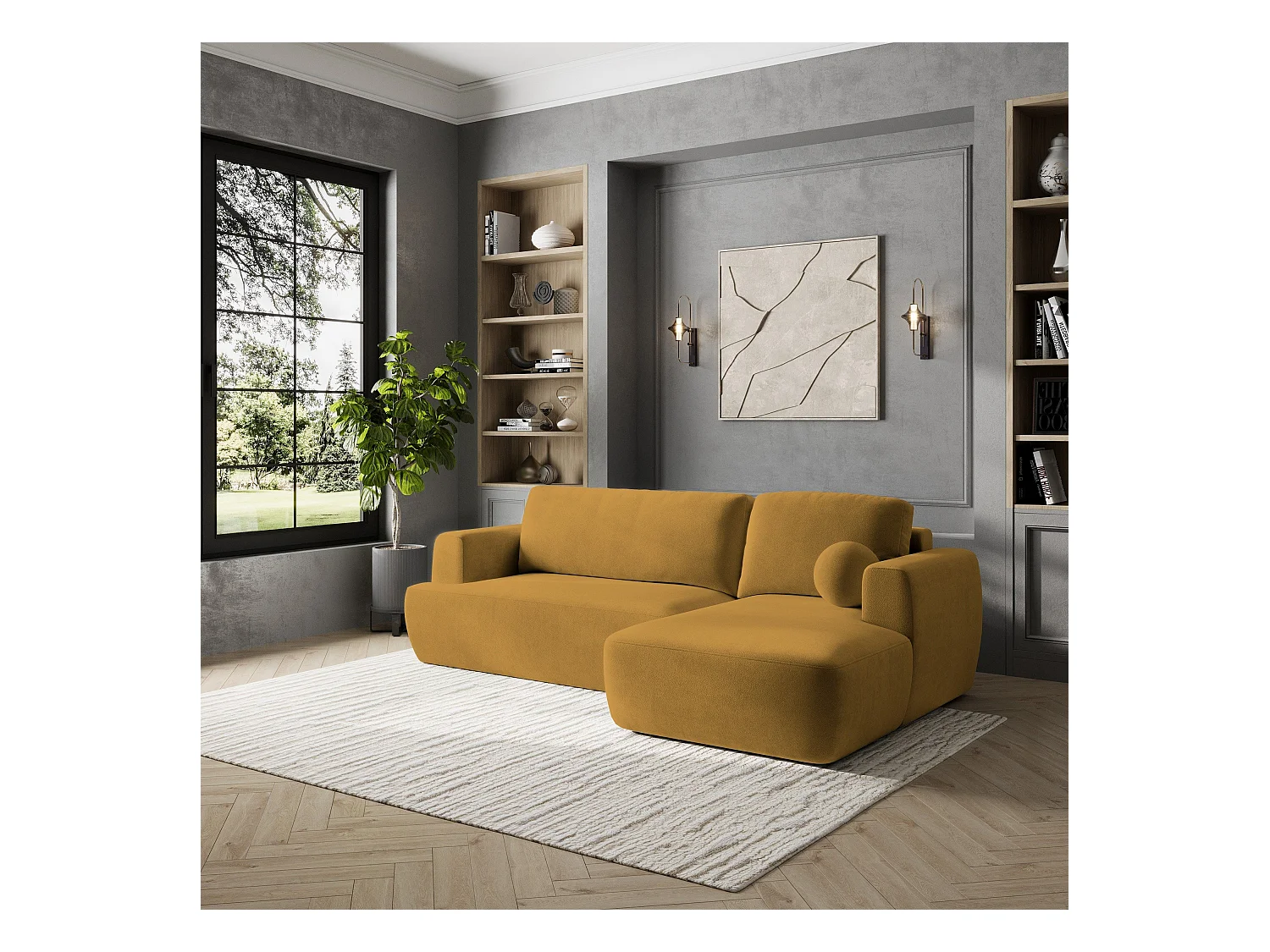 Canapé d'angle SENTI Jaune en peluche avec fonction de couchage