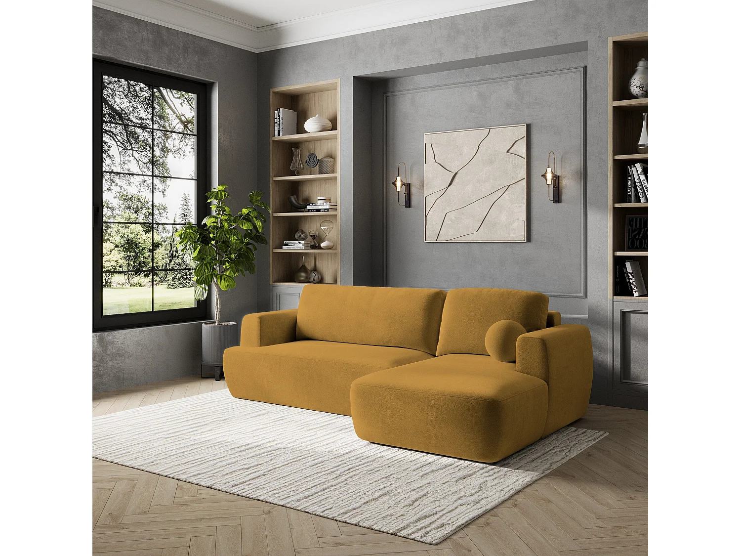 Canapé d'angle SENTI Jaune en peluche avec fonction de couchage