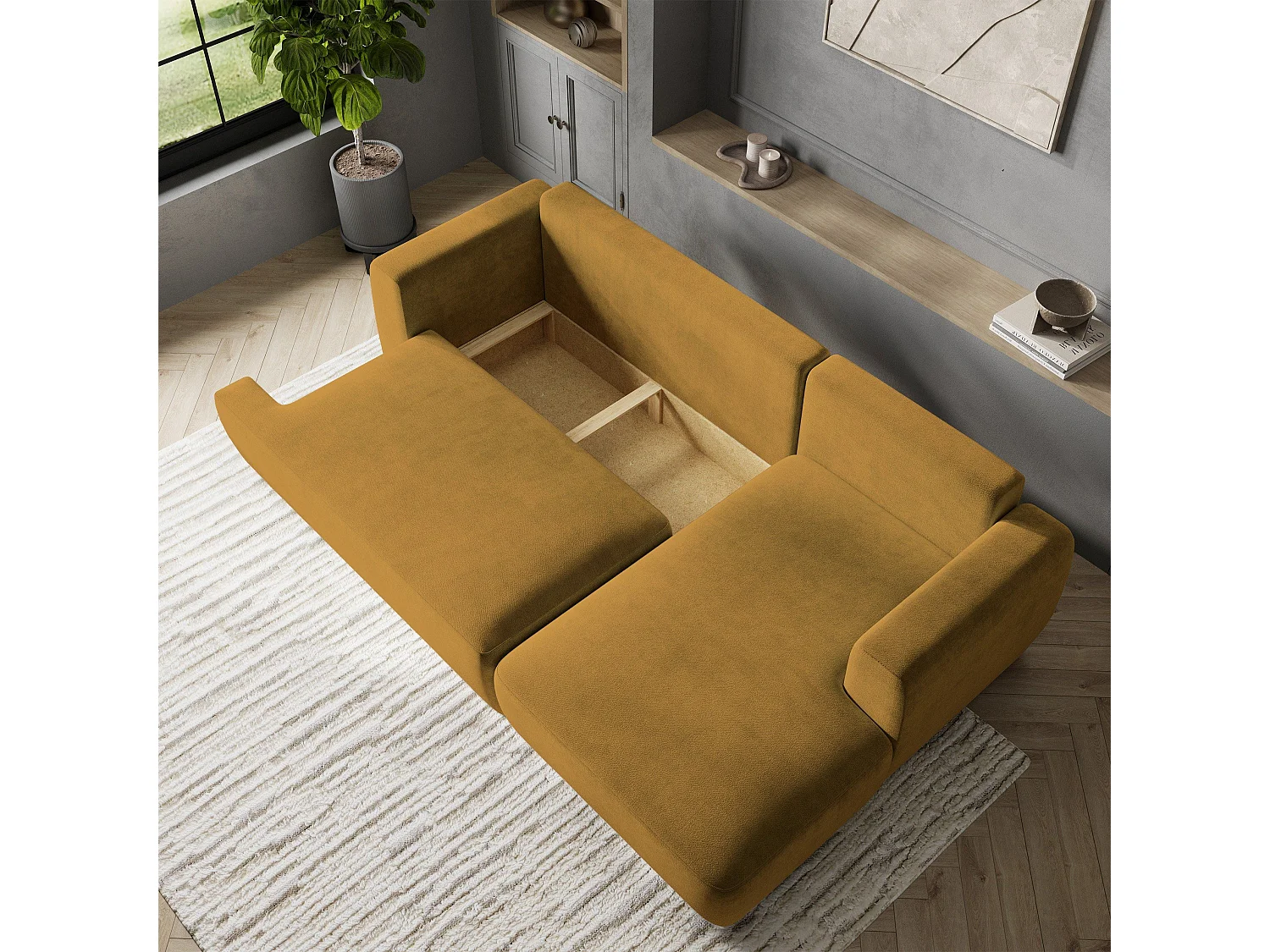 Canapé d'angle SENTI Jaune en peluche avec fonction de couchage