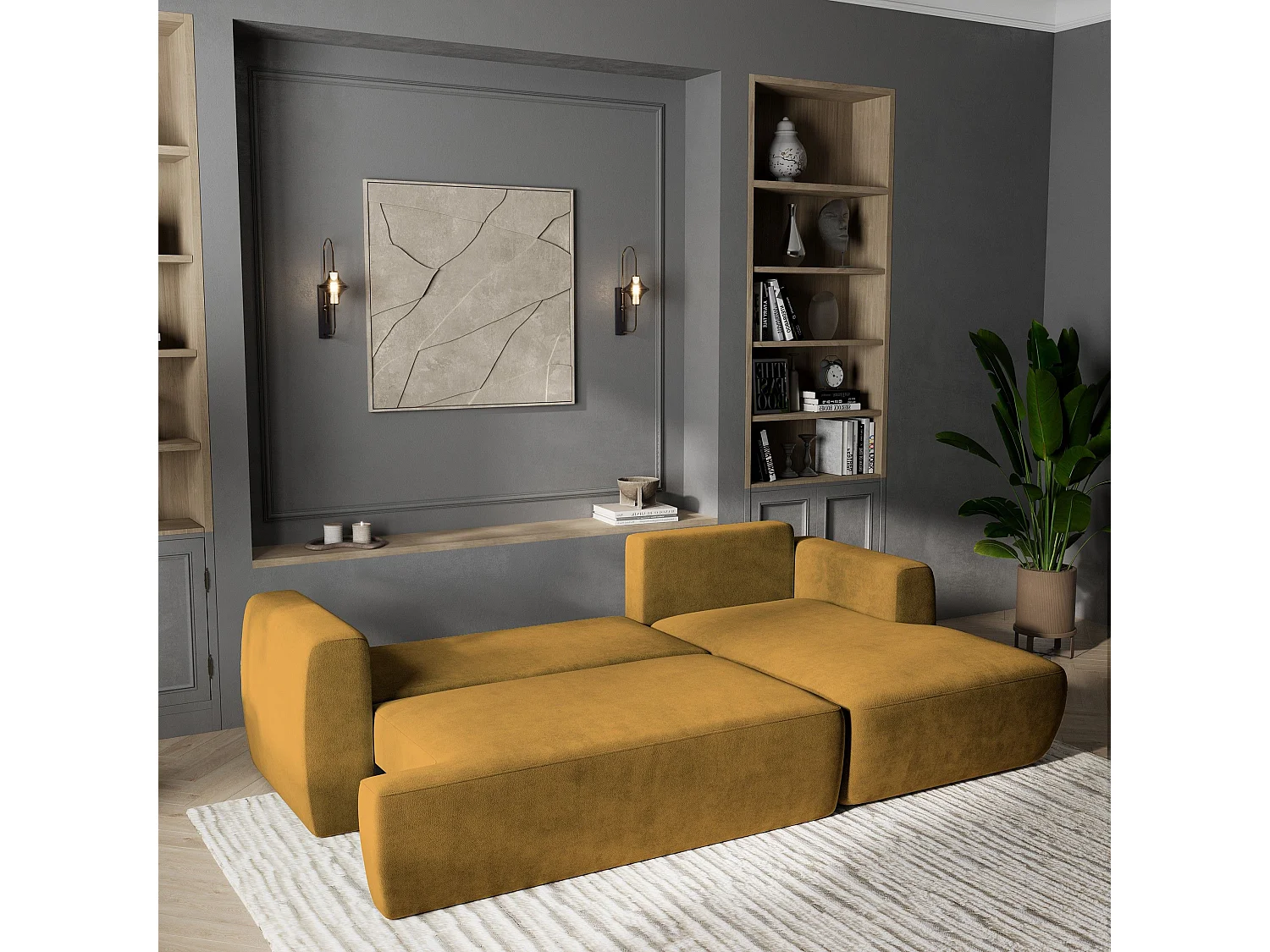 Canapé d'angle SENTI Jaune en peluche avec fonction de couchage