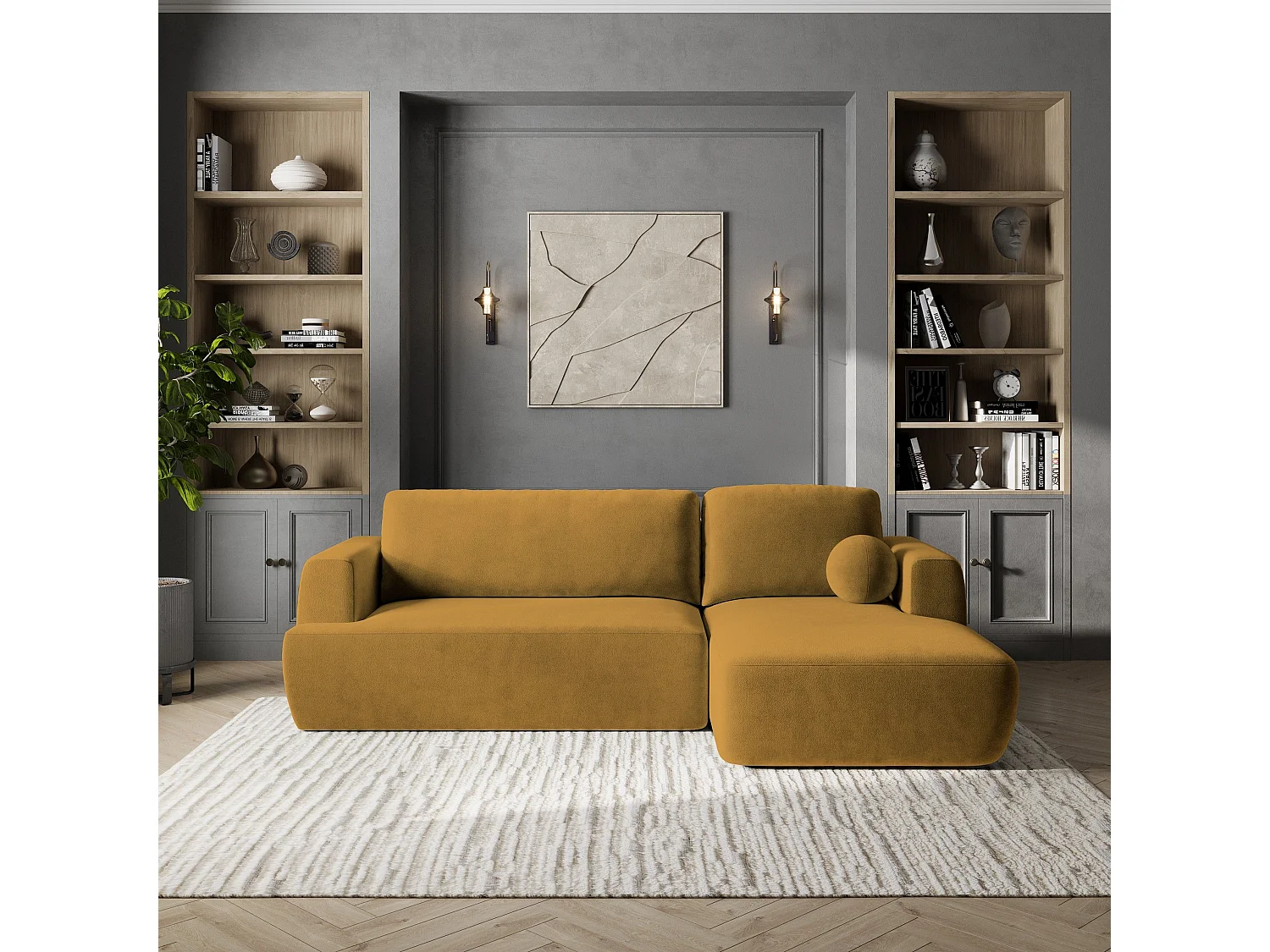 Canapé d'angle SENTI Jaune en peluche avec fonction de couchage