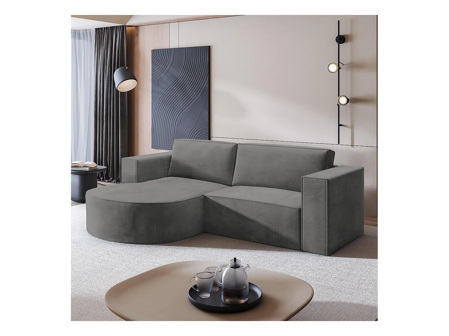 Canapé d'angle SORELA Gris en velours avec fonction de couchage