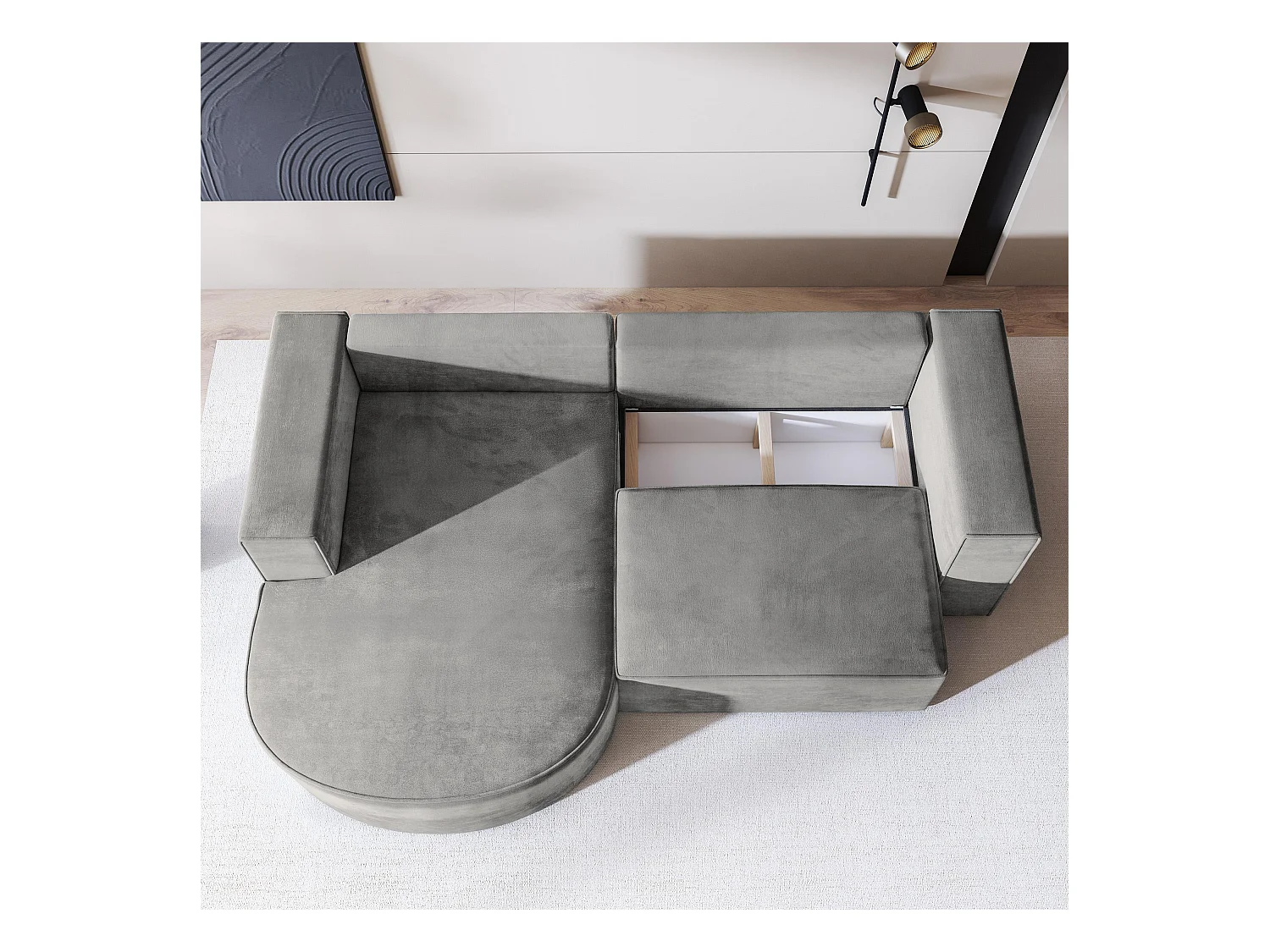 Canapé d'angle SORELA Gris en velours avec fonction de couchage