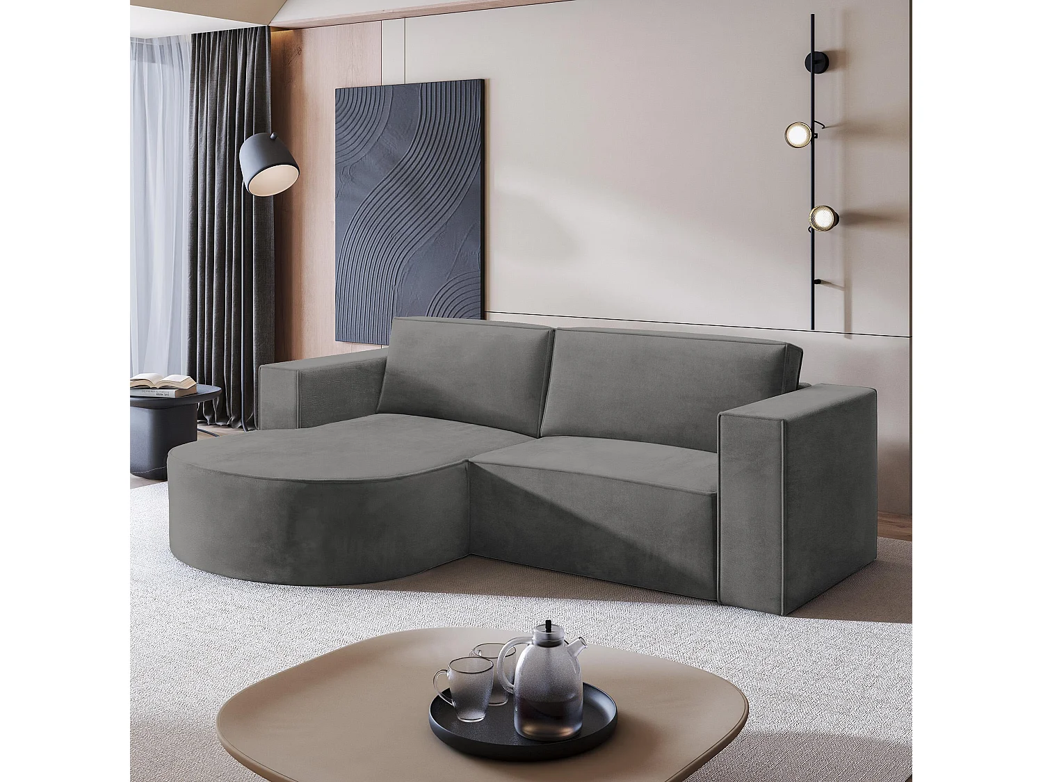 Canapé d'angle SORELA Gris en velours avec fonction de couchage