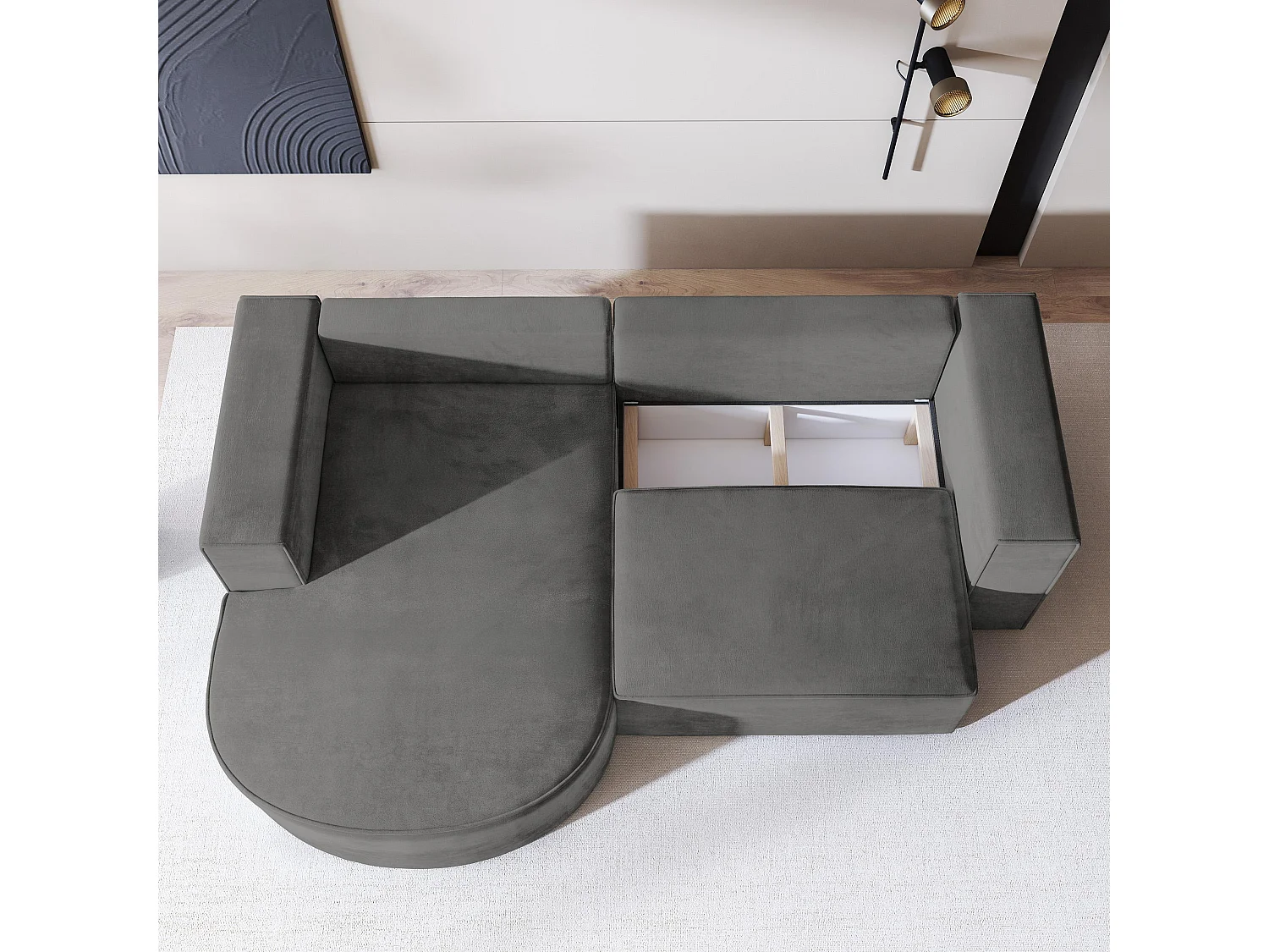 Canapé d'angle SORELA Gris en velours avec fonction de couchage