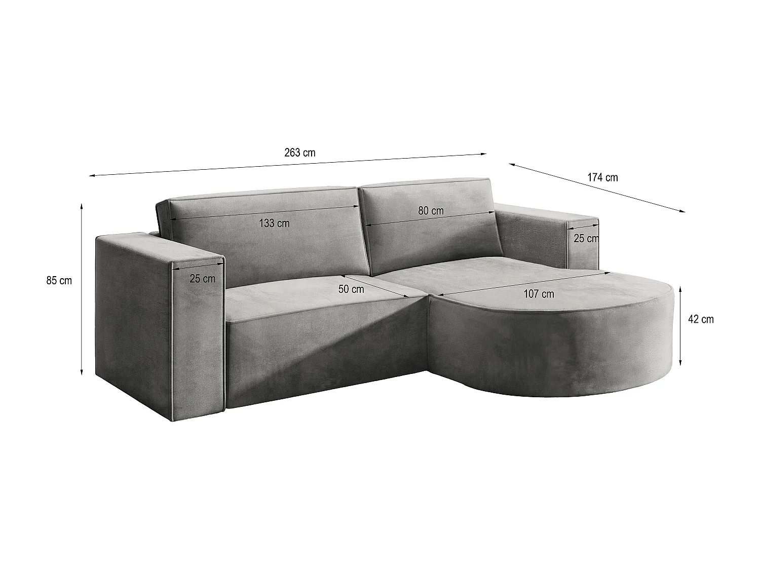 Canapé d'angle SORELA Gris en velours avec fonction de couchage