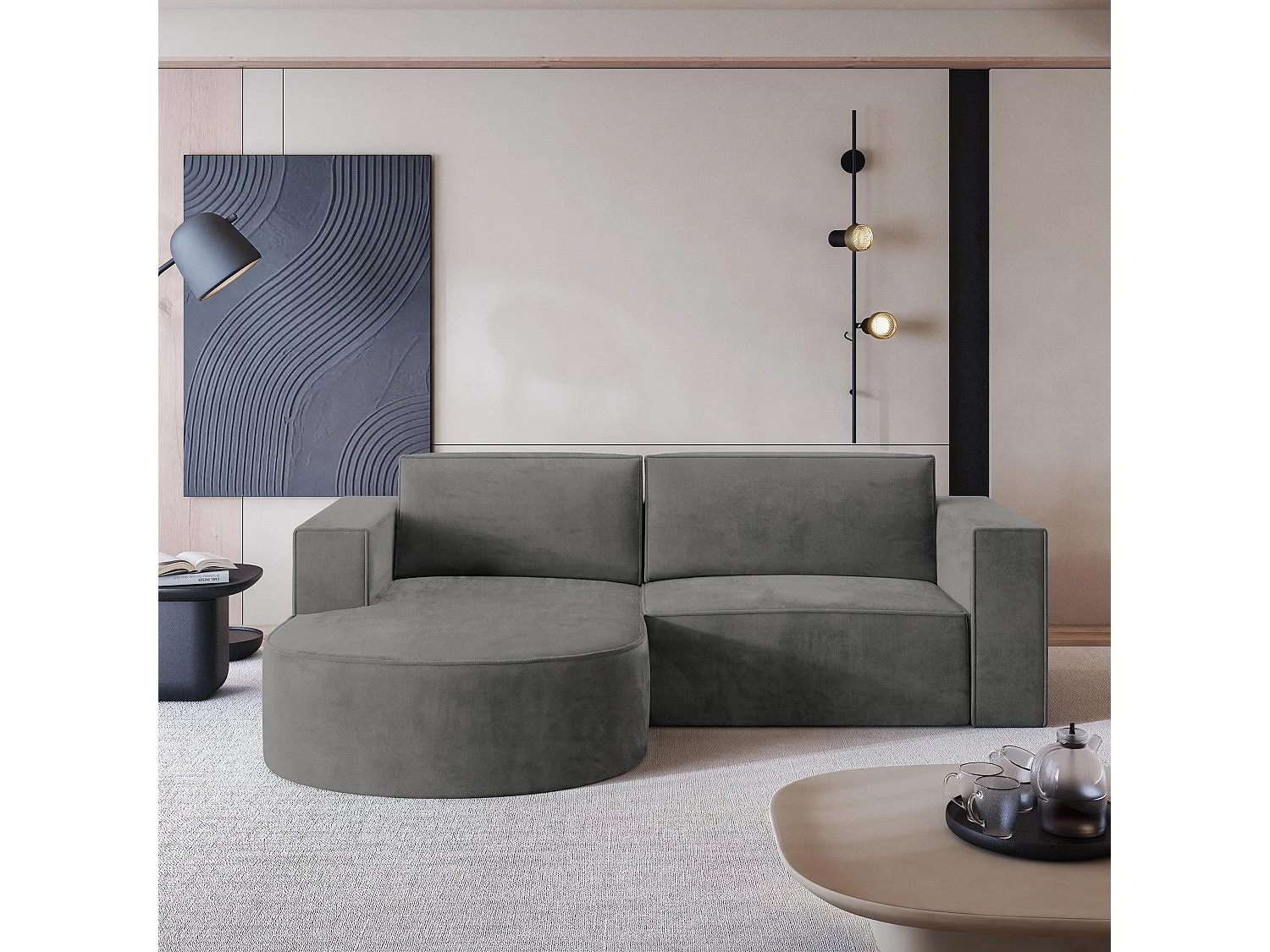 Canapé d'angle SORELA Gris en velours avec fonction de couchage