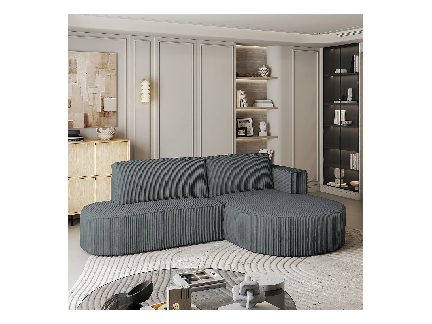 Canapé d'angle CORTIO Gris en velours côtelé avec fonction de couchage