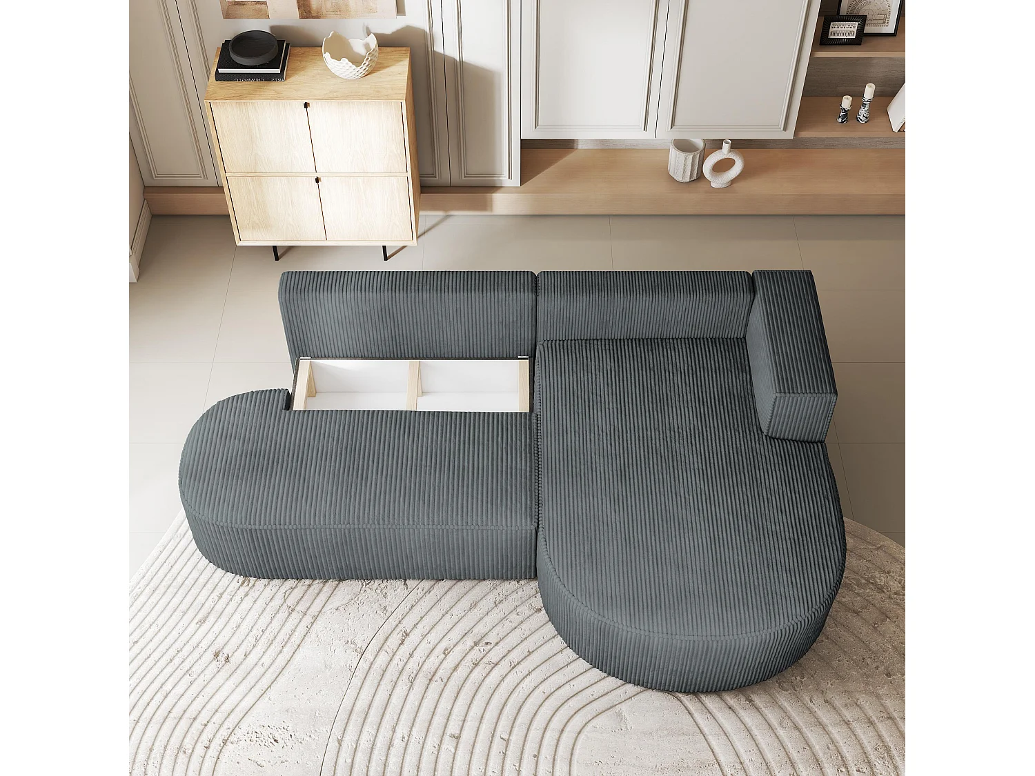 Canapé d'angle CORTIO Gris en velours côtelé avec fonction de couchage