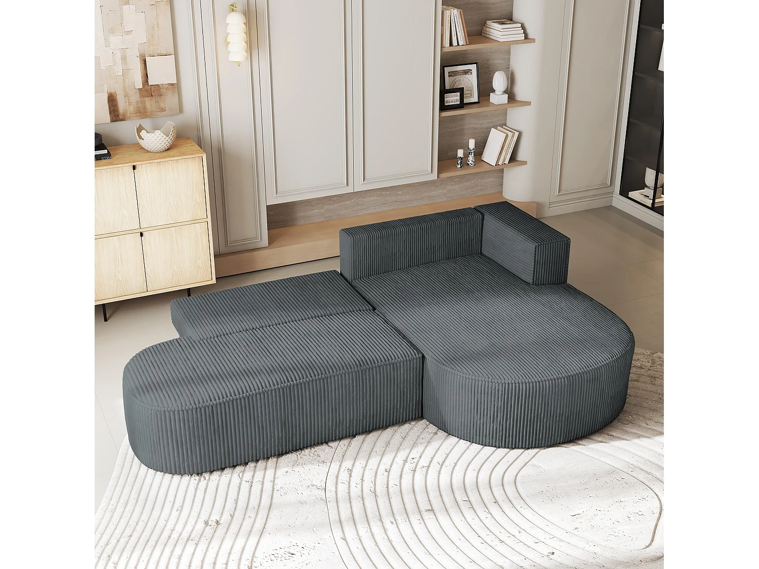 Canapé d'angle CORTIO Gris en velours côtelé avec fonction de couchage