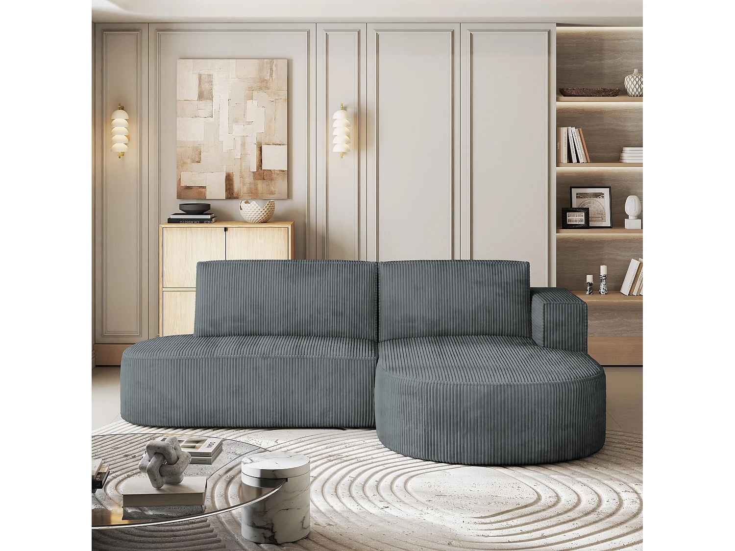 Canapé d'angle CORTIO Gris en velours côtelé avec fonction de couchage