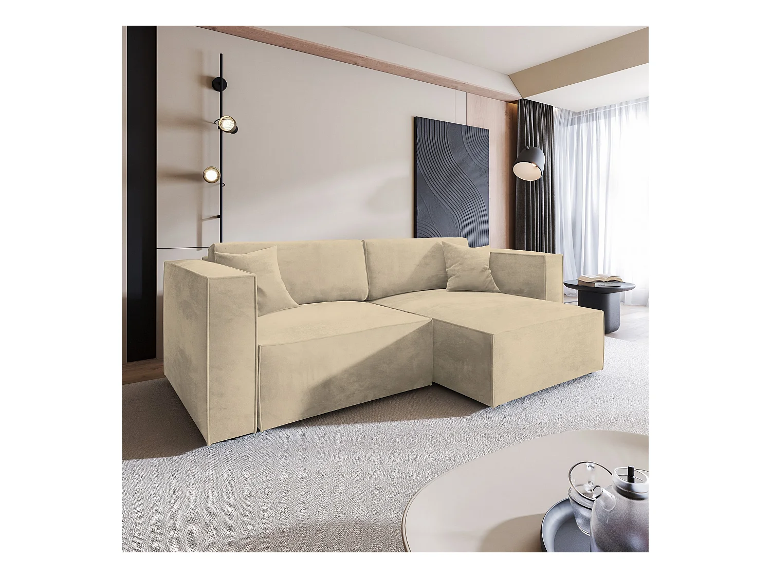 Canapé d'angle NERIO Crème en velours avec fonction de couchage