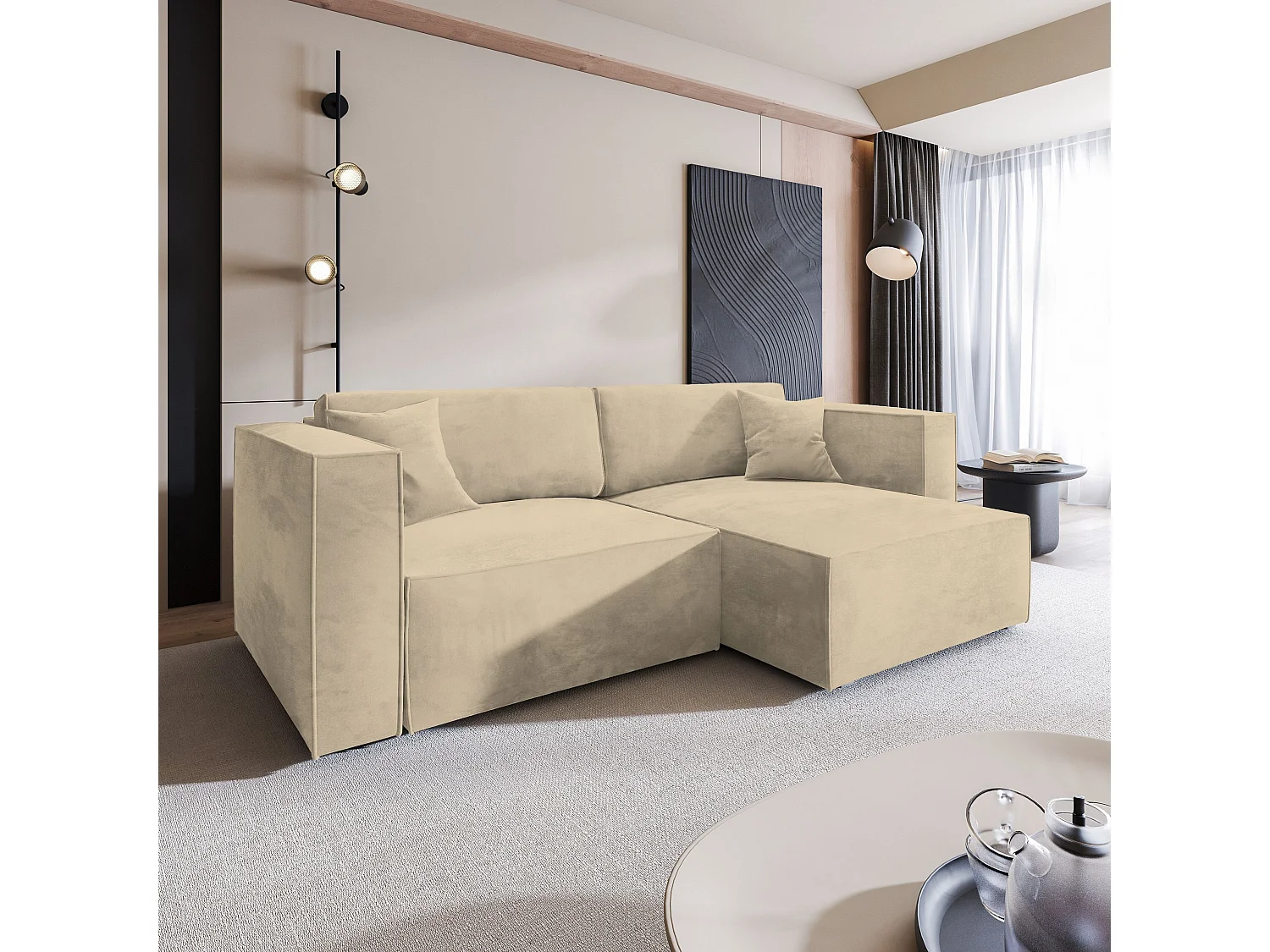 Canapé d'angle NERIO Crème en velours avec fonction de couchage